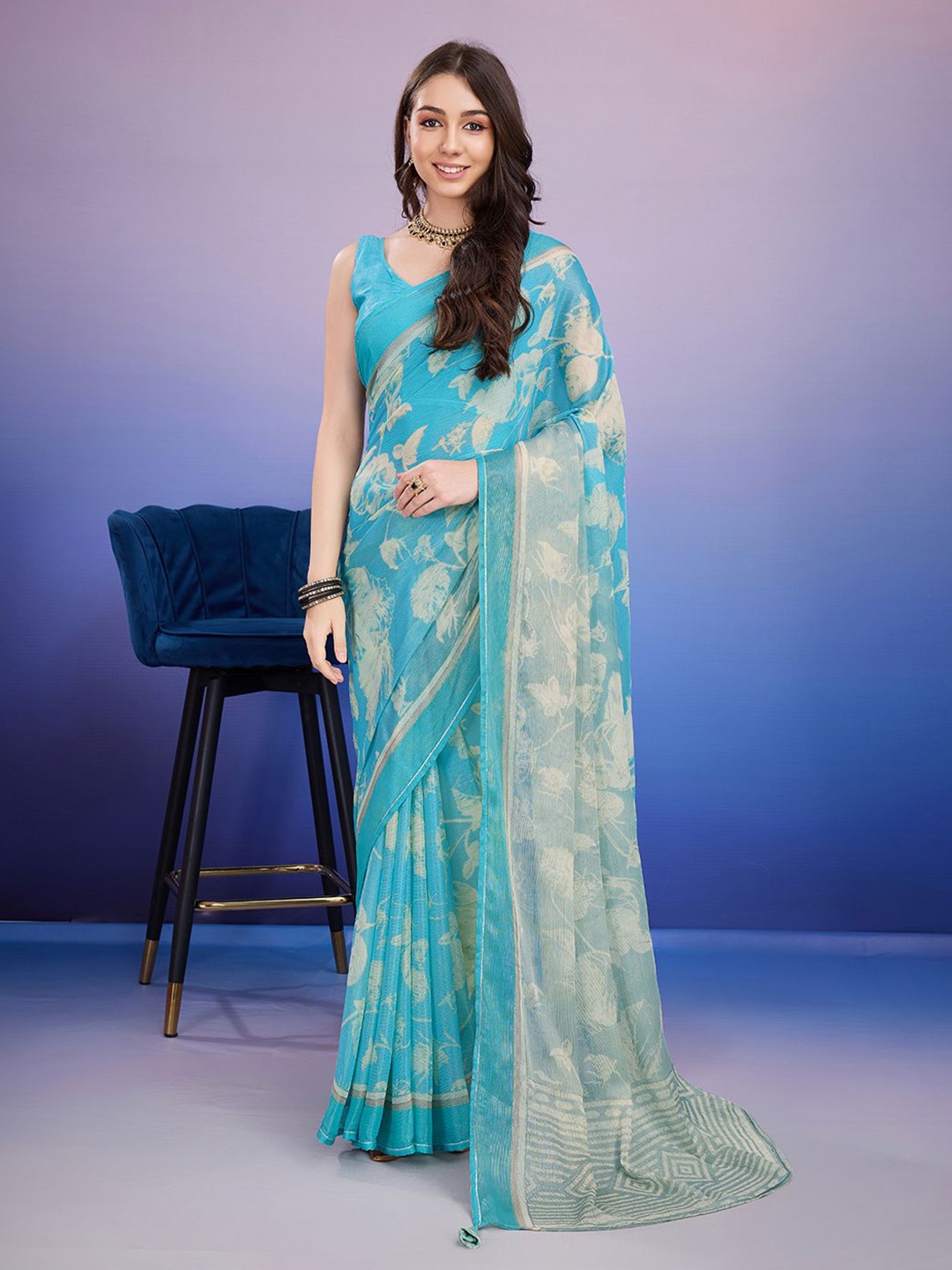 

Rekha Maniyar Floral Brasso Block Print Saree, Teal