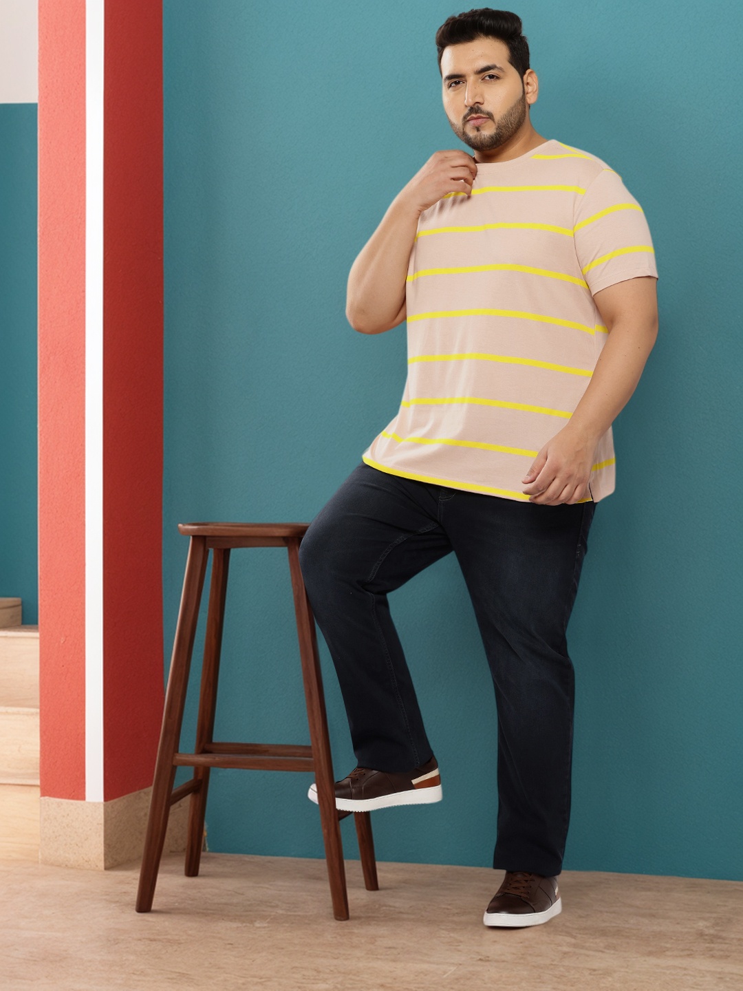

Sztori Plus Size Striped Pure Cotton T-shirt, Peach
