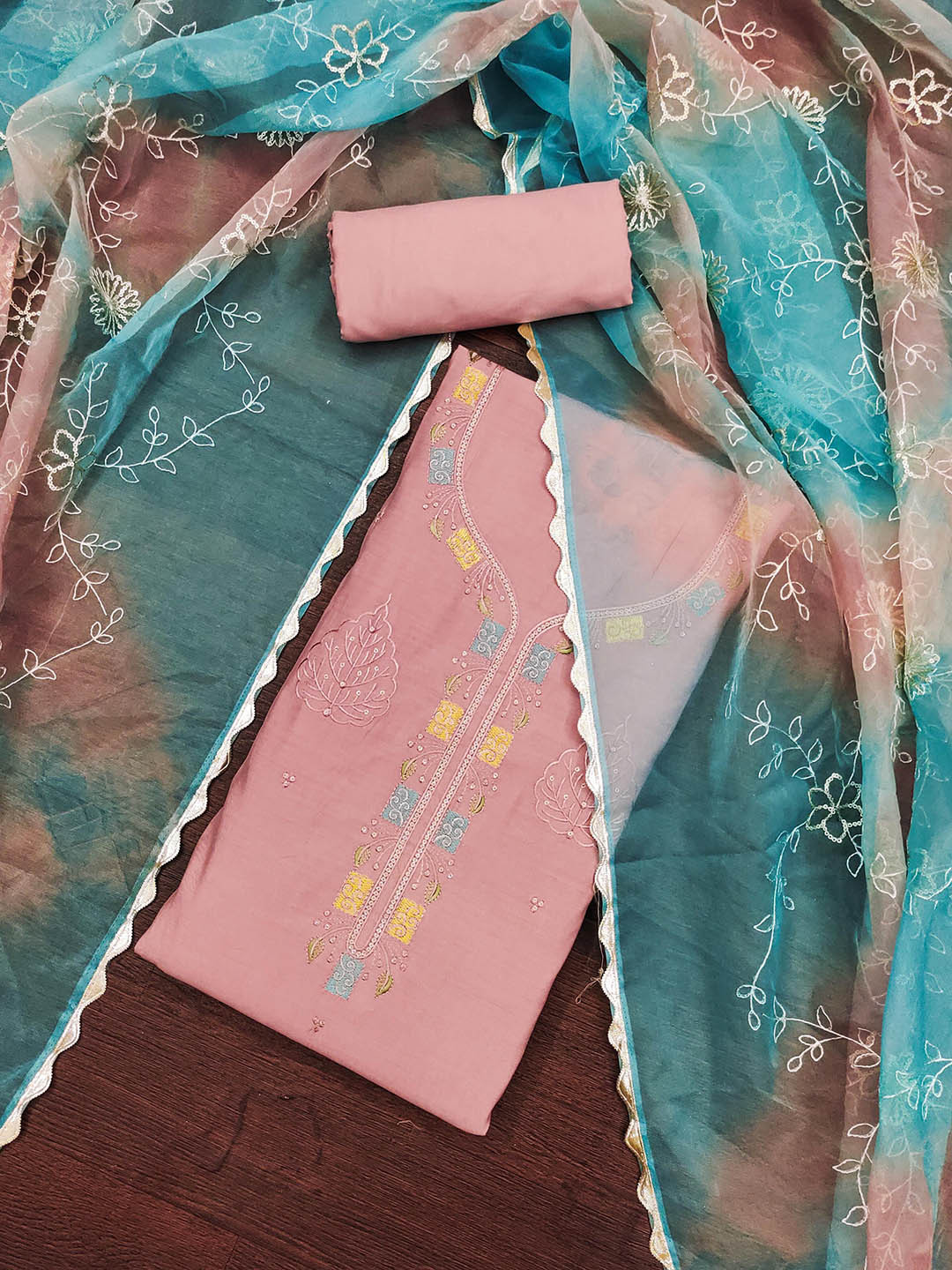 

KALINI Embroidered Pure Silk Unstitched Dress Material, Pink