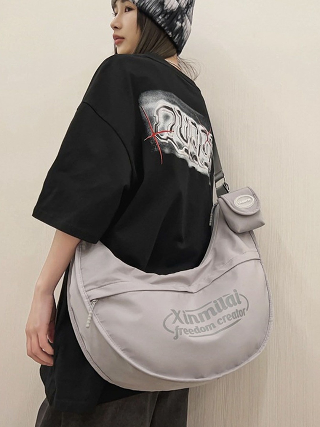 

StyleCast Grey & White Typography Printed Crossbody Shoulder Bag