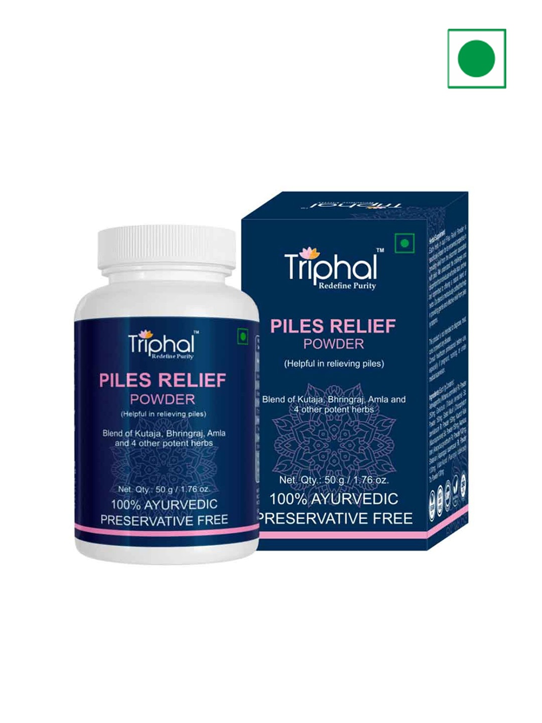 

Triphal Piles Releif Powder With Bhringraj & Chitrak Mool- 50 g, Blue