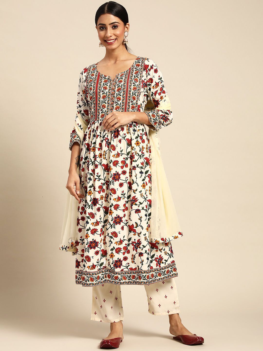 

Prakhya Women Floral Printed Pure Cotton Kurta with Trousers & With Dupatta, Cream