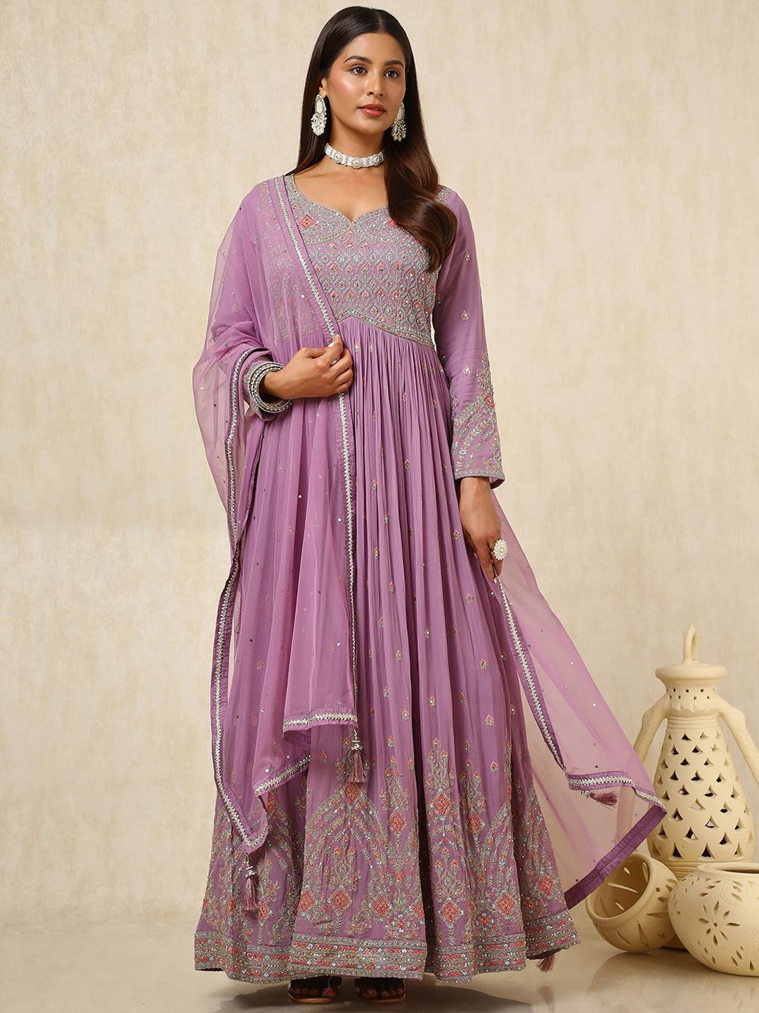 

Soch Women Embroidered Pleated Beads and Stones Kurta with Churidar & With Dupatta, Purple