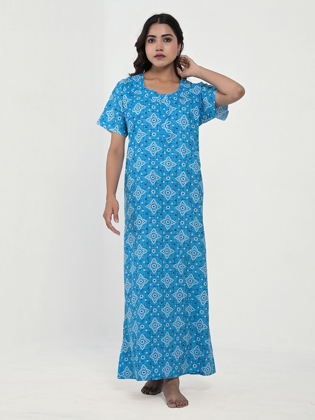 

Apratim Women Printed Pure Cotton Maxi Nightdress, Turquoise blue