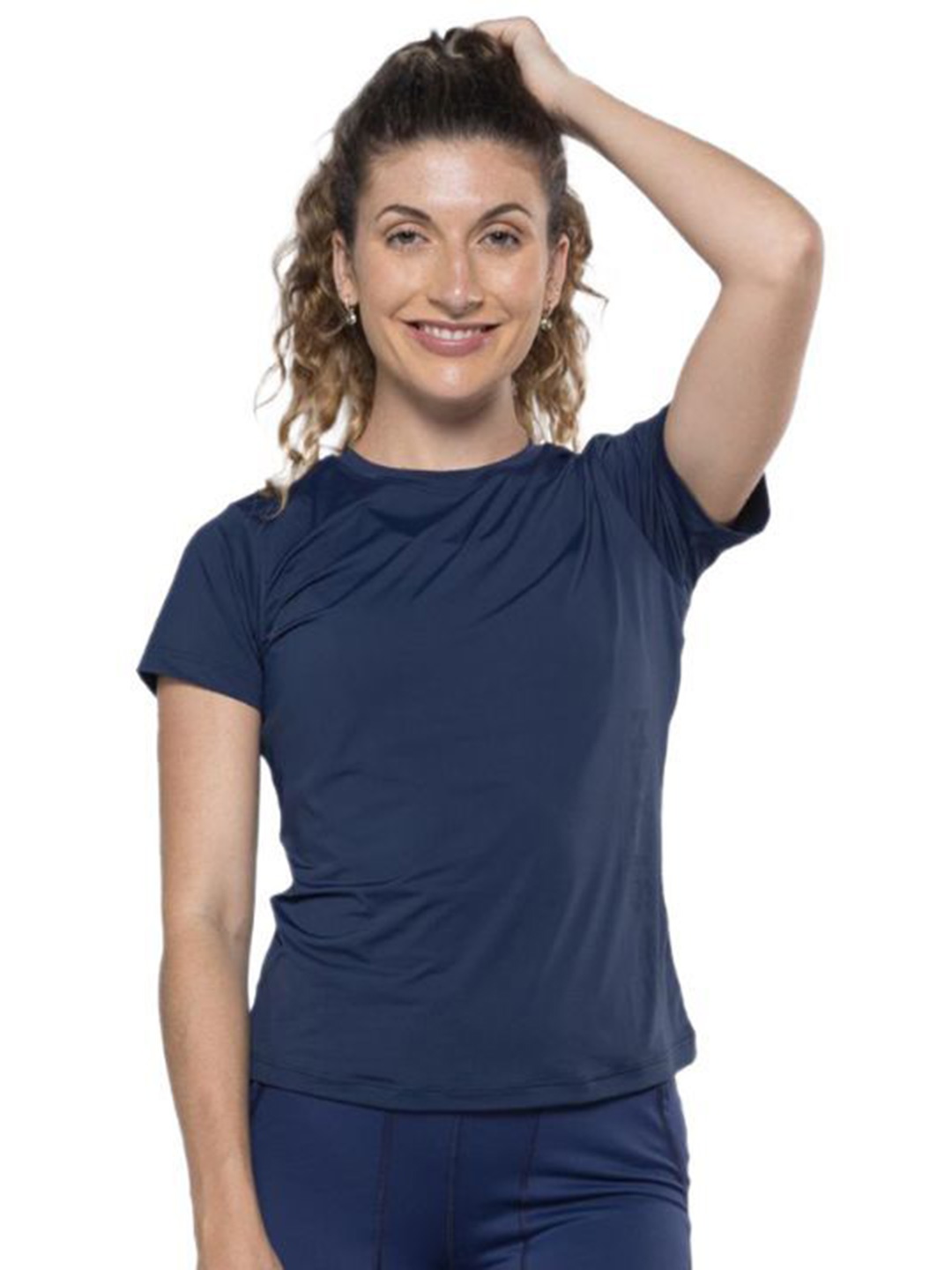 

STRCH Women High Neck Extended Sleeves Anti Odour Pockets T-shirt, Navy blue