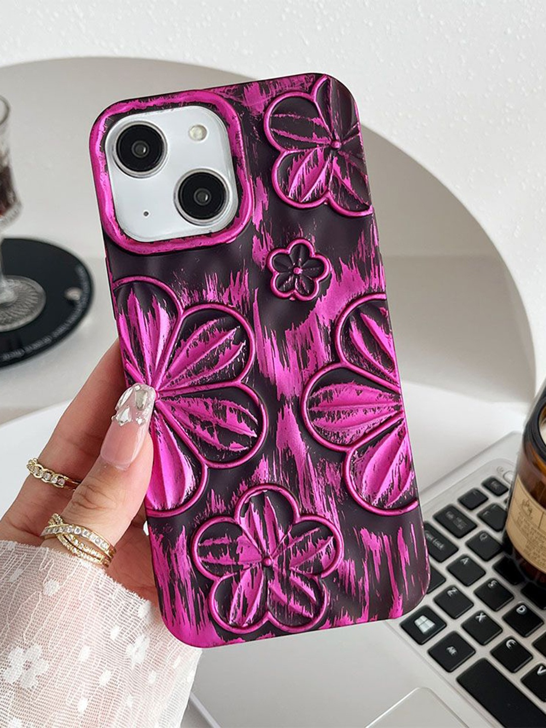

Luxury Kase Floral Printed iPhone 14 Plus Back Case Mobile Accessories, Pink
