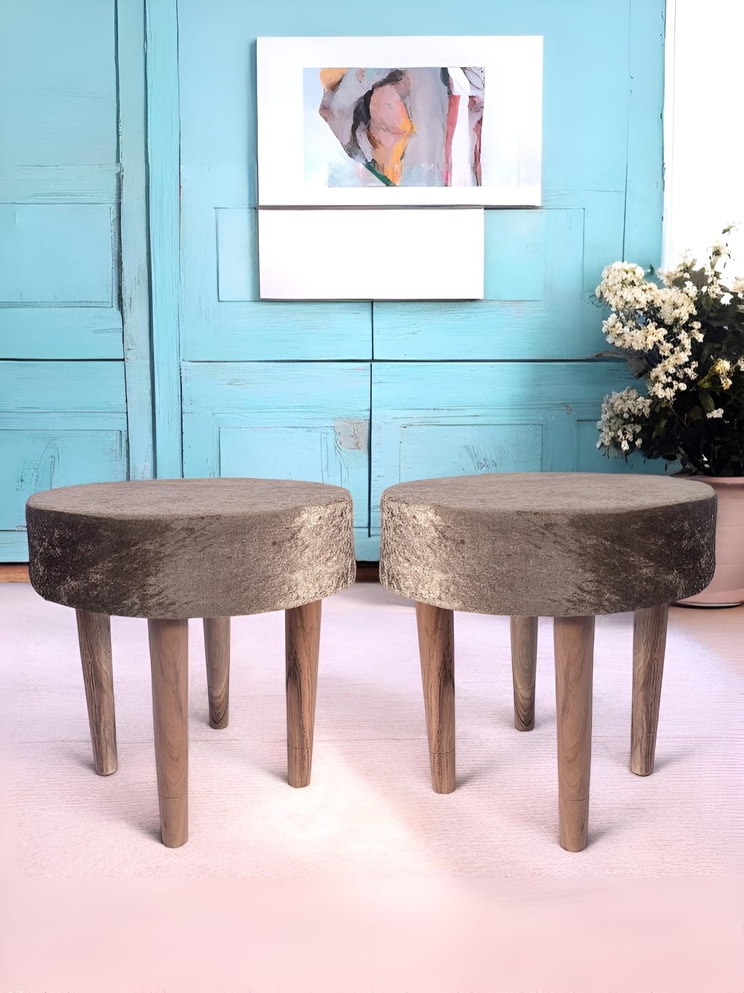 

Ikiriya 2Pcs Green & Brown Wooden & Velvet Stool