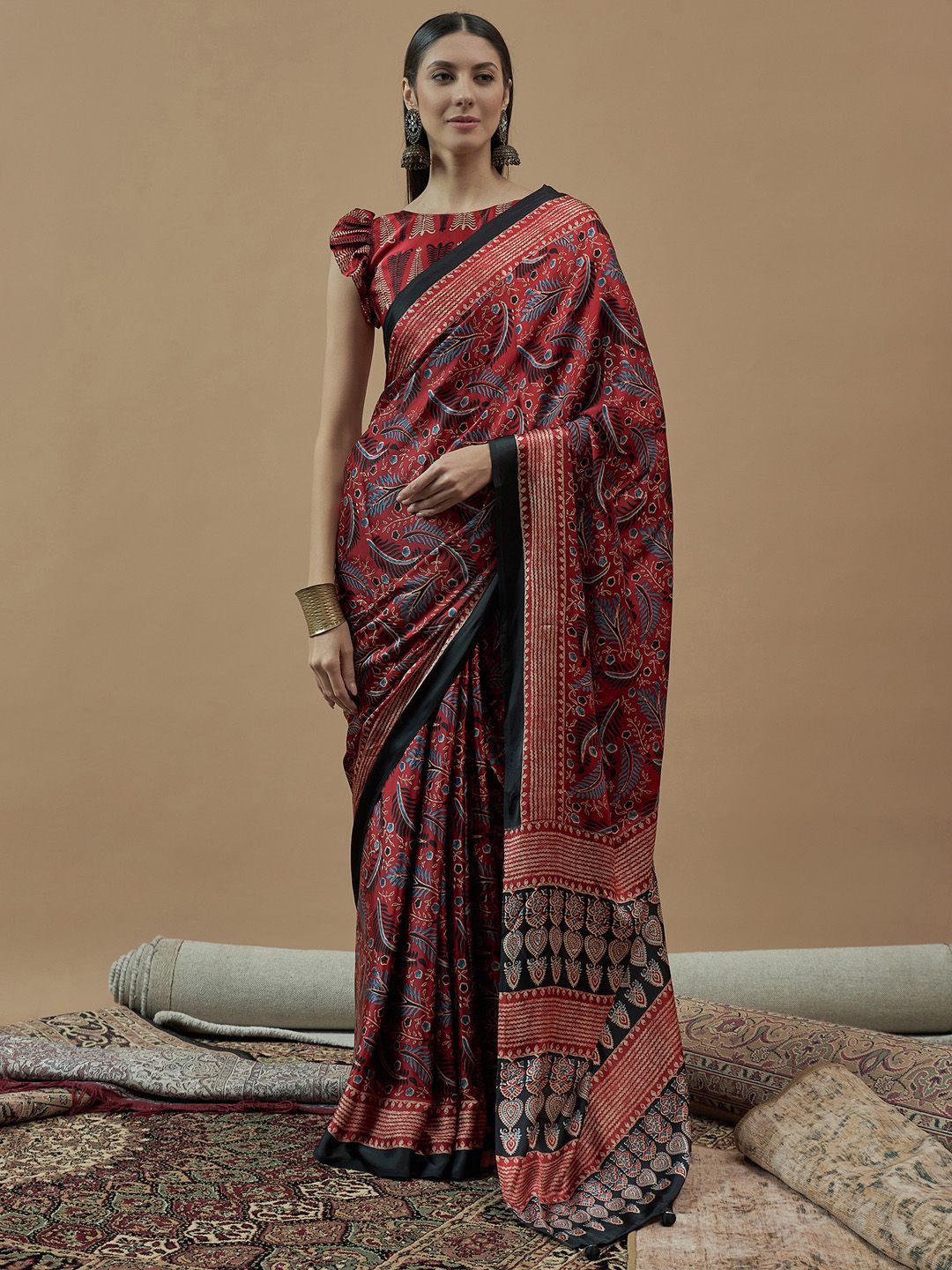 

Saree mall Bagh Poly Crepe Designer Block Print Sarees, Red