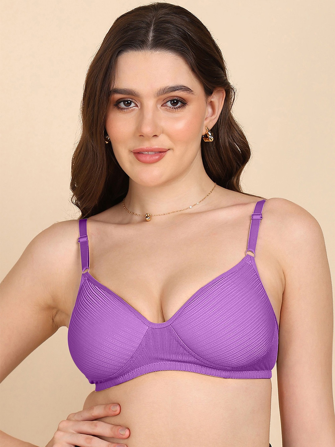 

KOMLI Striped Full Coverage Lightly Padded Non-Wired T-shirt Bra - All Day Comfort, Purple