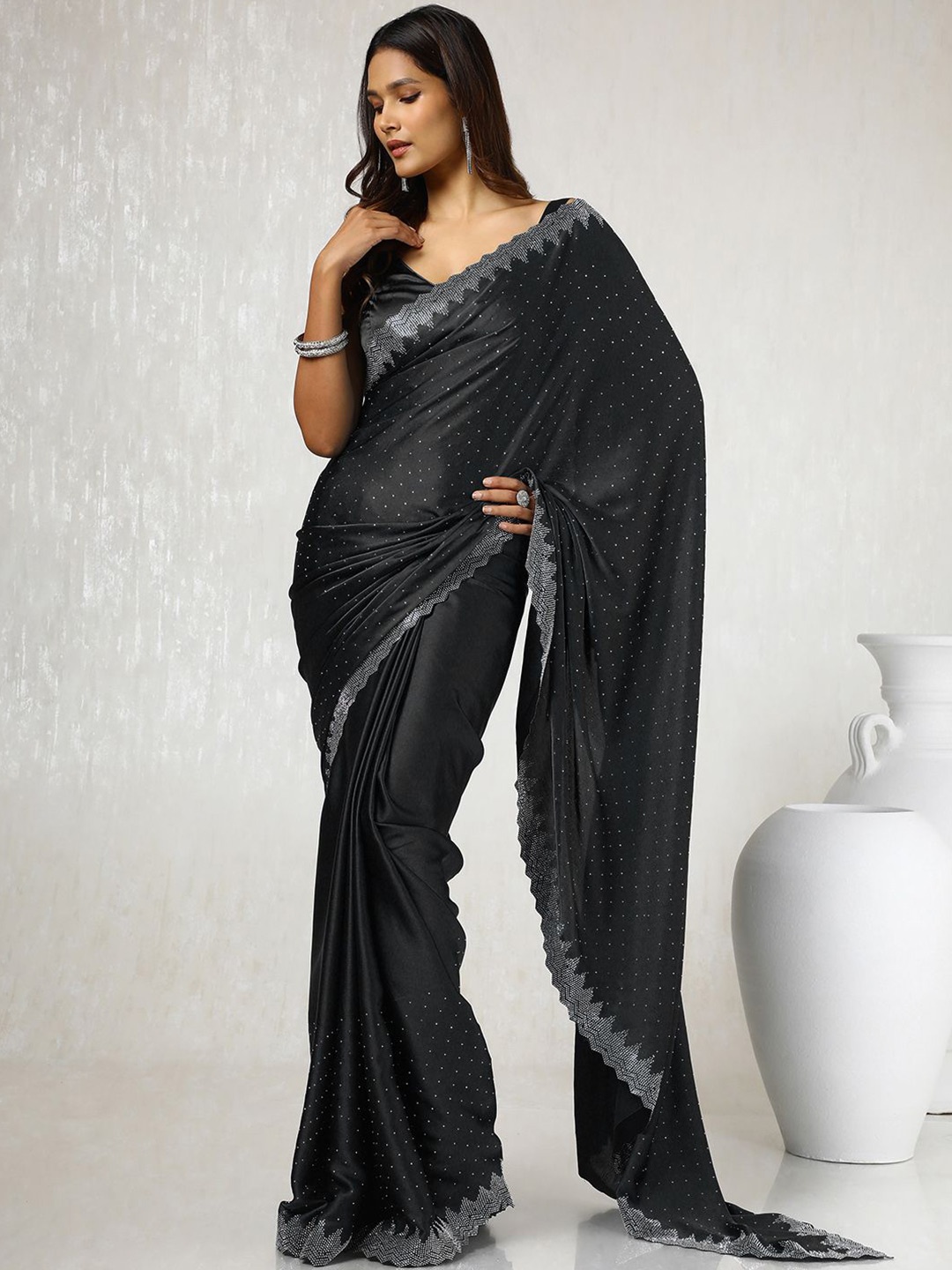 

Soch Embellished Beads and Stones Satin Saree, Black