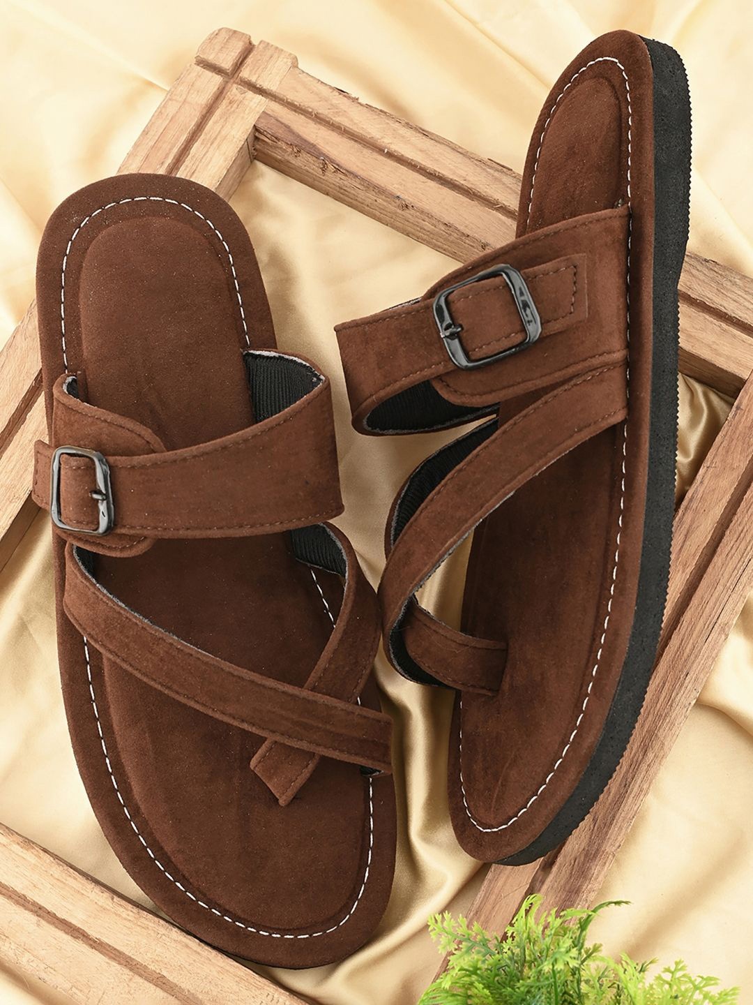 

Apratim Men Open Toe Flats with Buckles, Brown