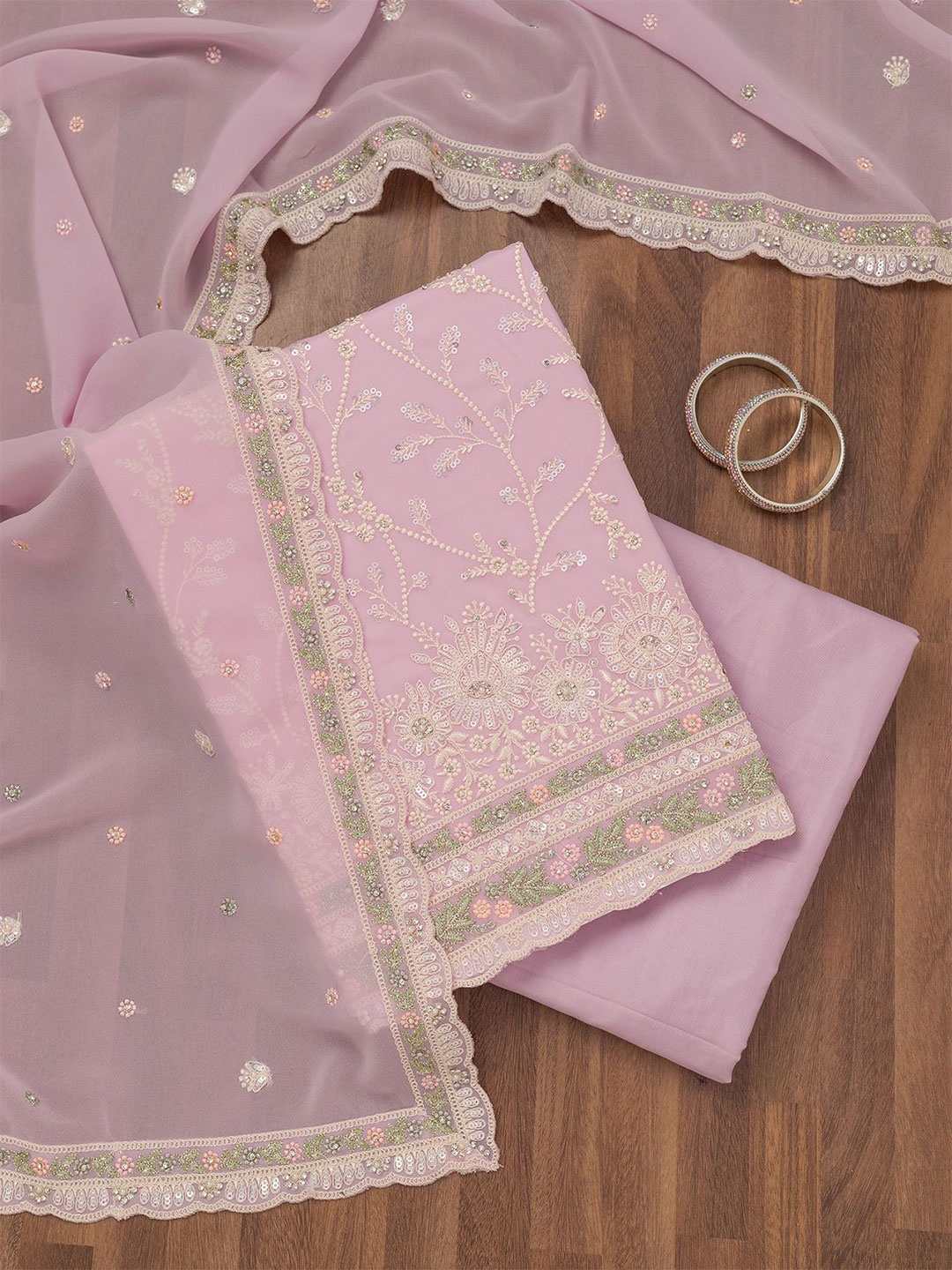

Koskii Embellished Unstitched Dress Material, Pink
