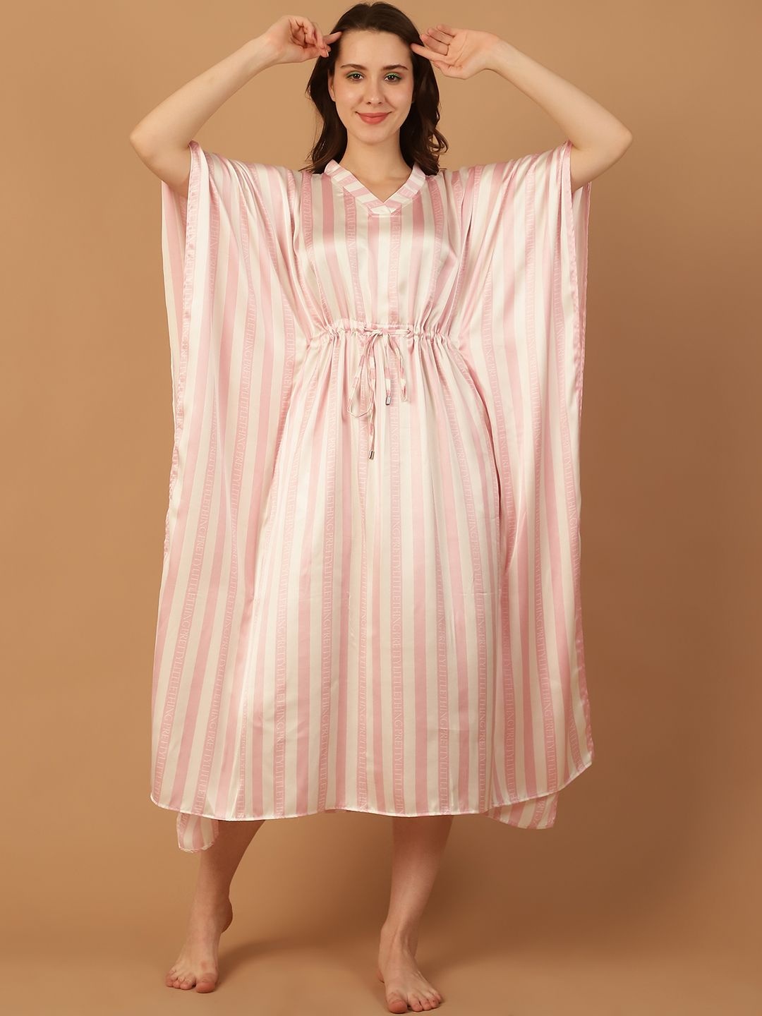 

Blissence Women Striped Maxi Kaftan Nightdress, Pink