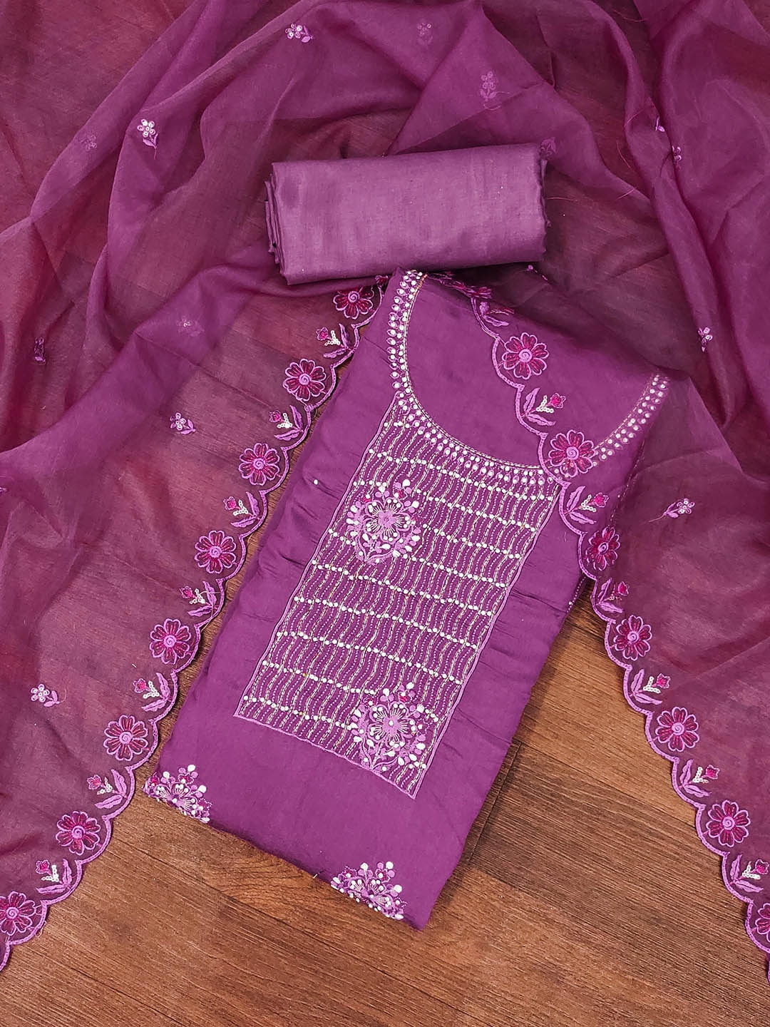 

KALINI Embroidered Pure Silk Unstitched Dress Material, Purple