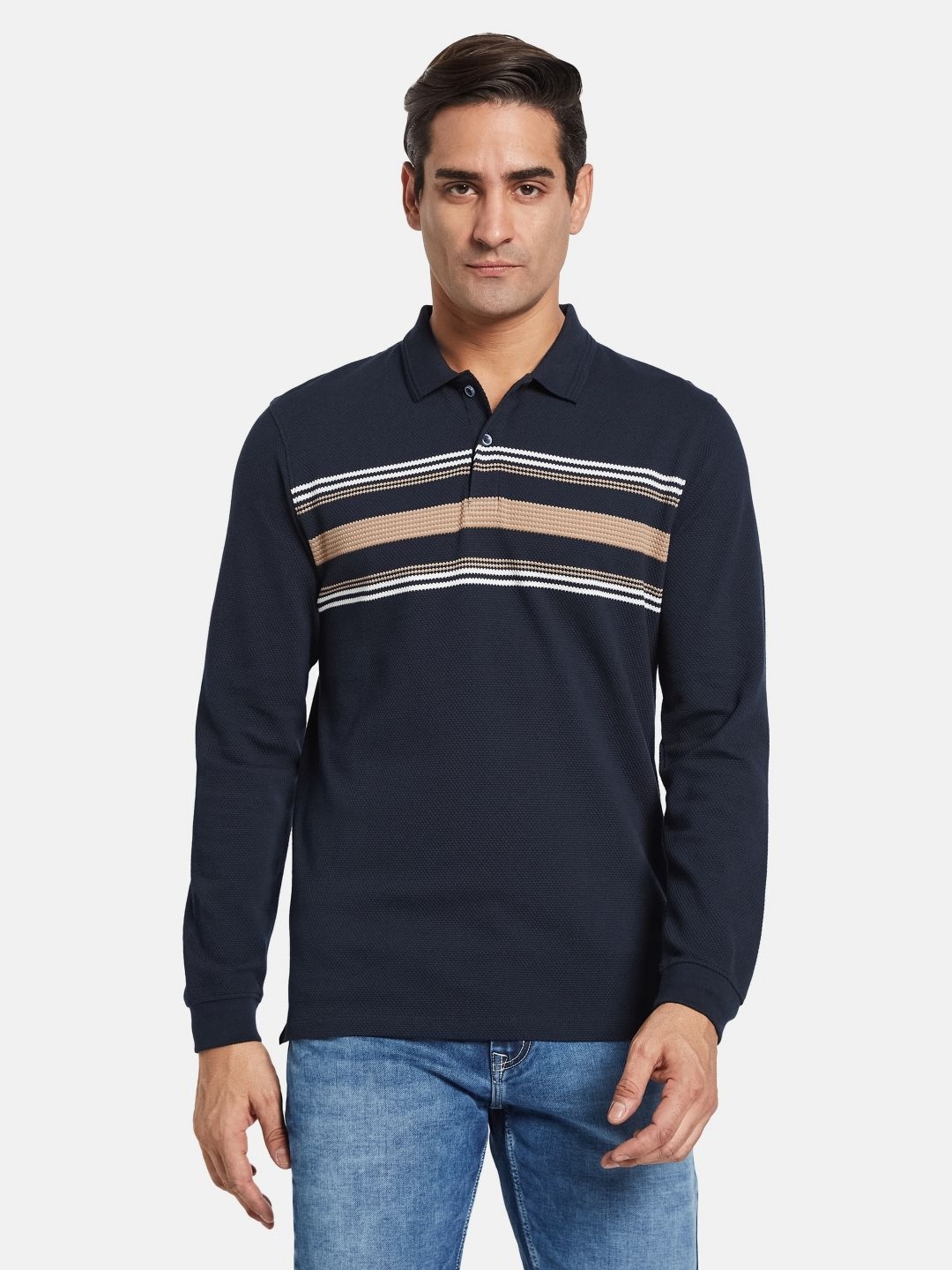 

METTLE Men Striped Polo Collar T-shirt, Navy blue