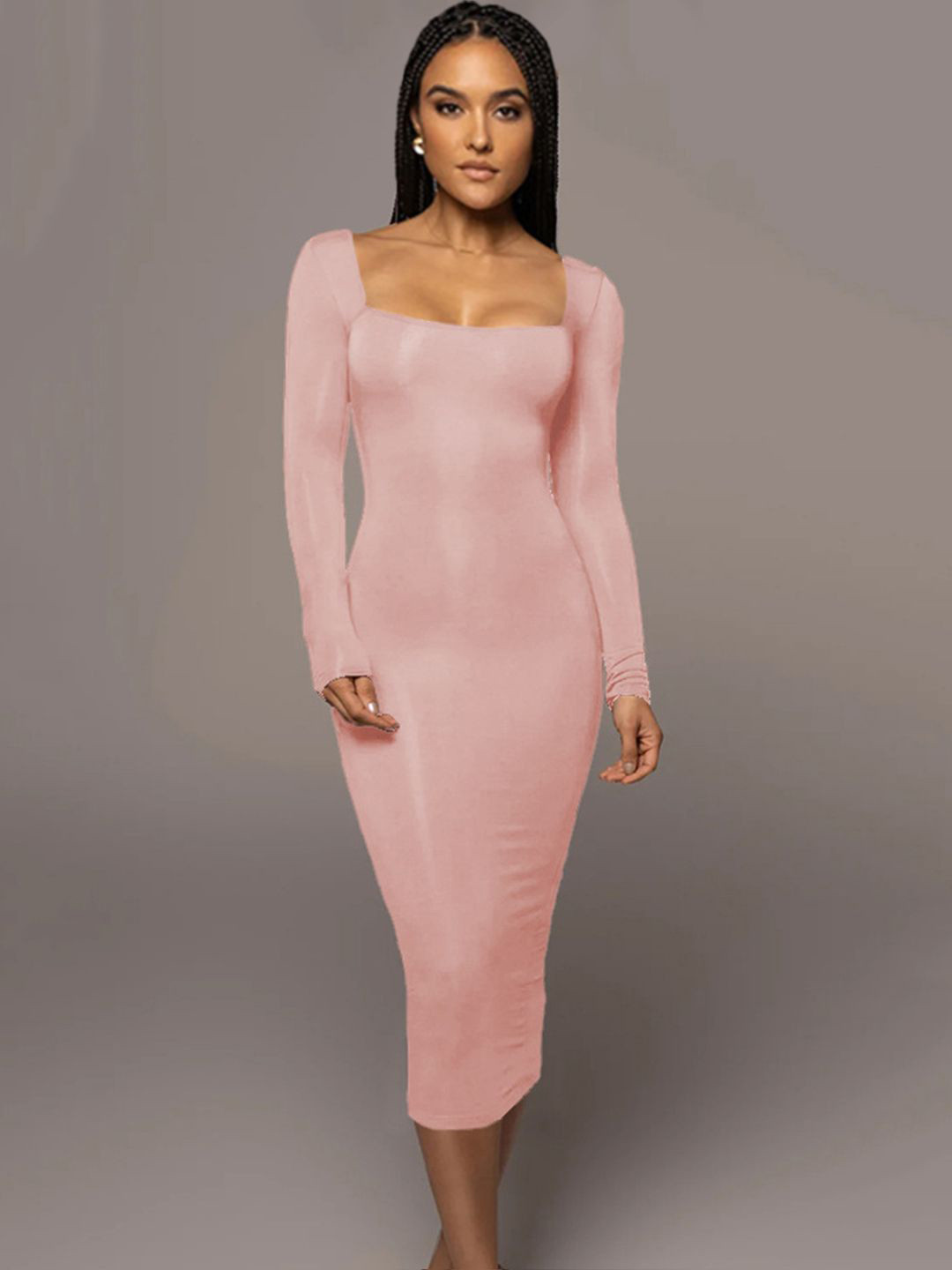 

StyleCast Square Neck Long Sleeves Bodycon Midi Dress, Pink