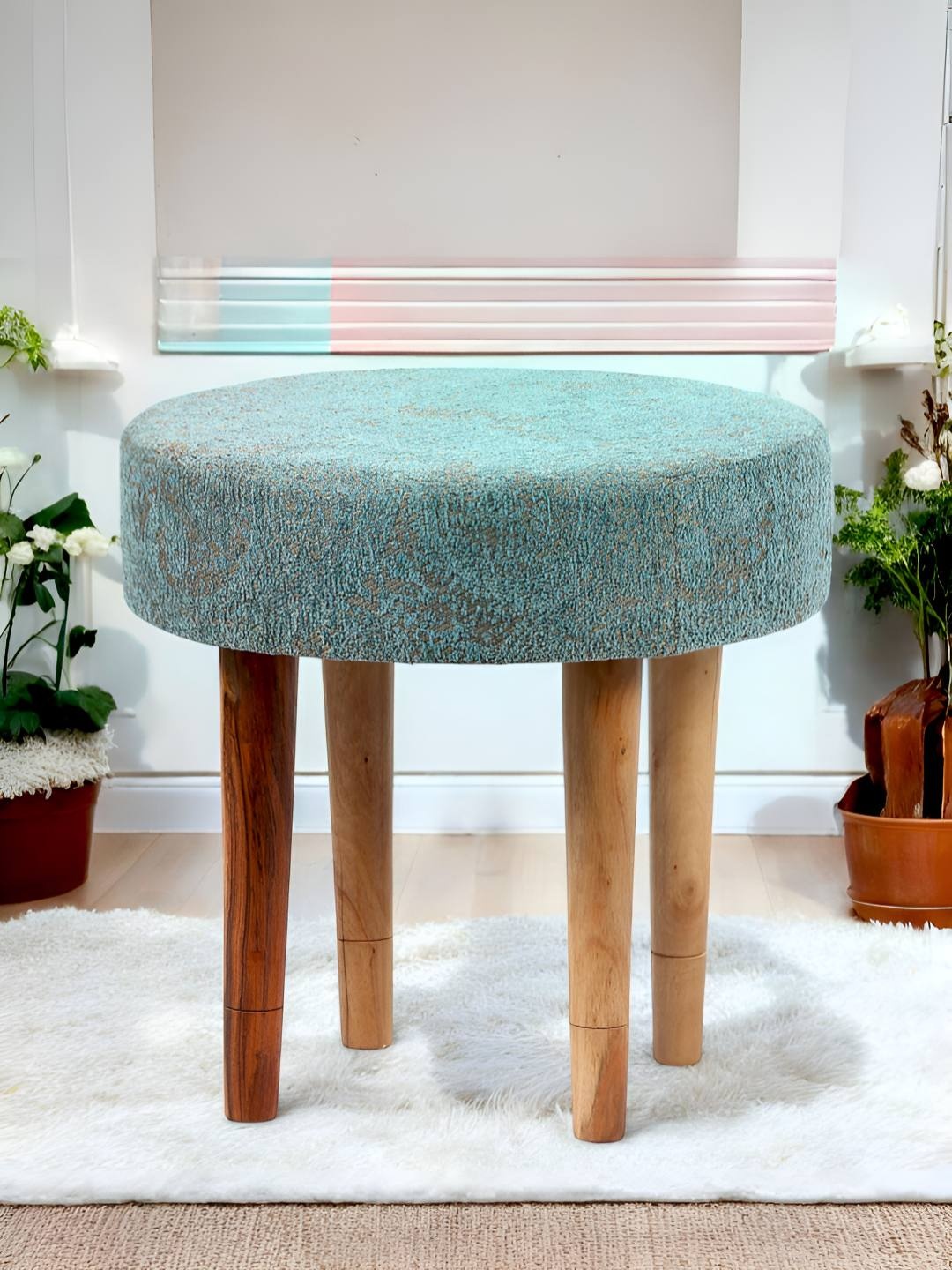 

Ikiriya Nayla Sheesham Wood Contemporary Round Stool In Jacquard Work Fabric Upholstery, Blue