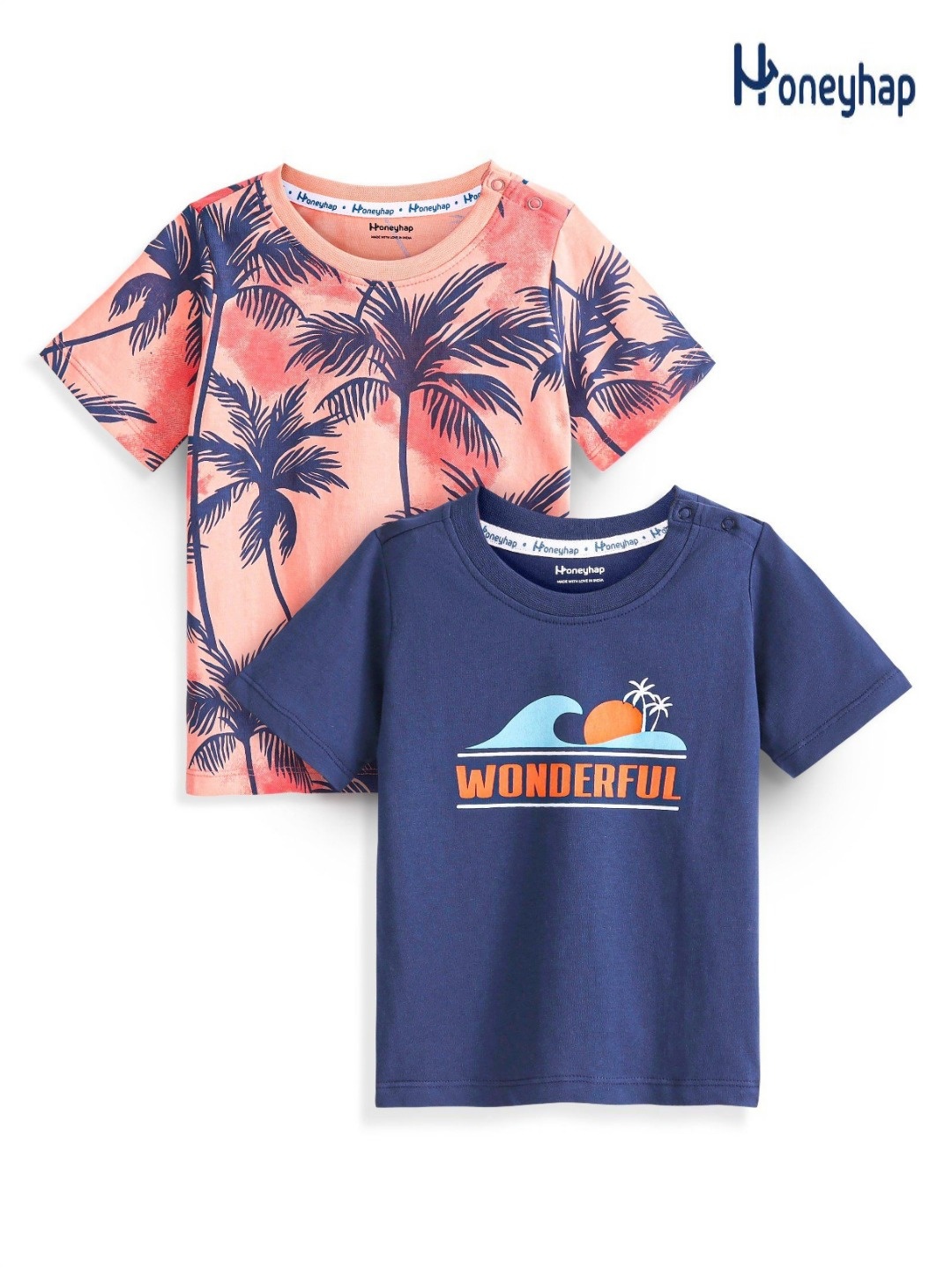 

Honeyhap Boys 2 Printed Henley Neck Applique T-shirt, Peach