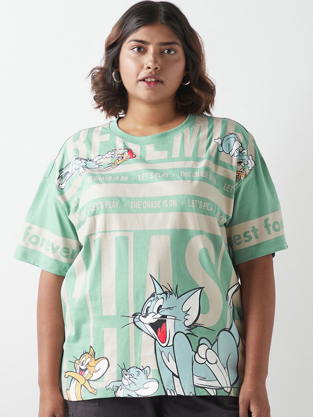 

Bewakoof Plus Women Printed T-shirt, Green