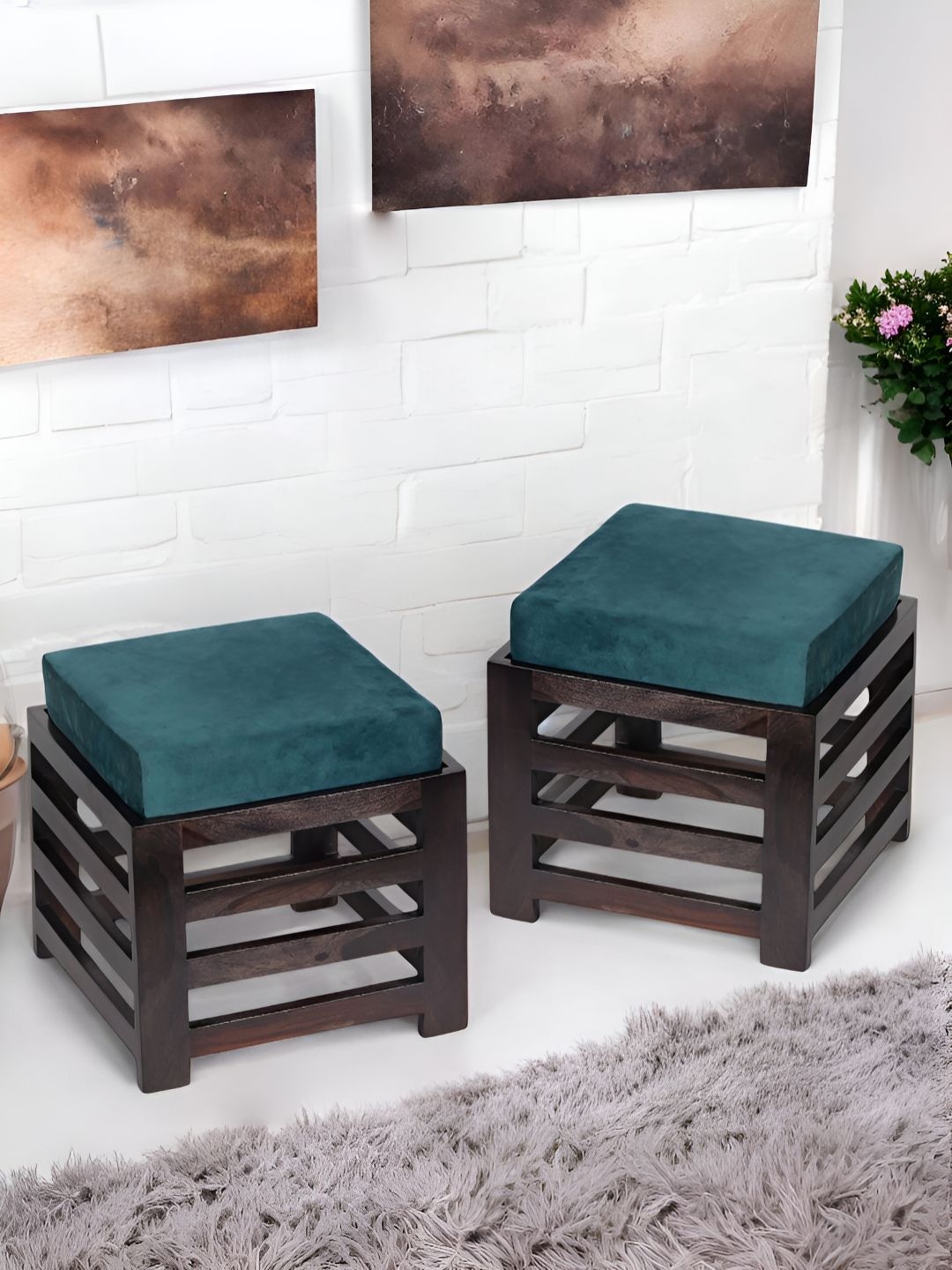 

Ikiriya 2-Pcs Turquoise Blue & Brown Wooden Square Stools