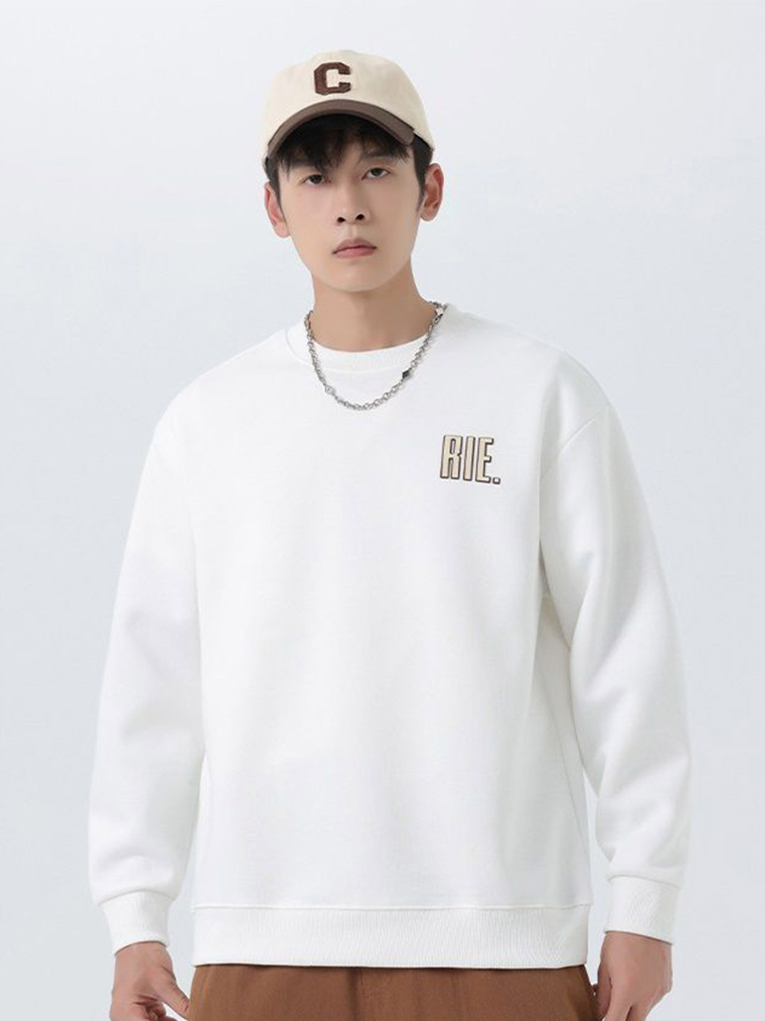 

HERE&NOW Men Round Neck Pullover Sweatshirt, White