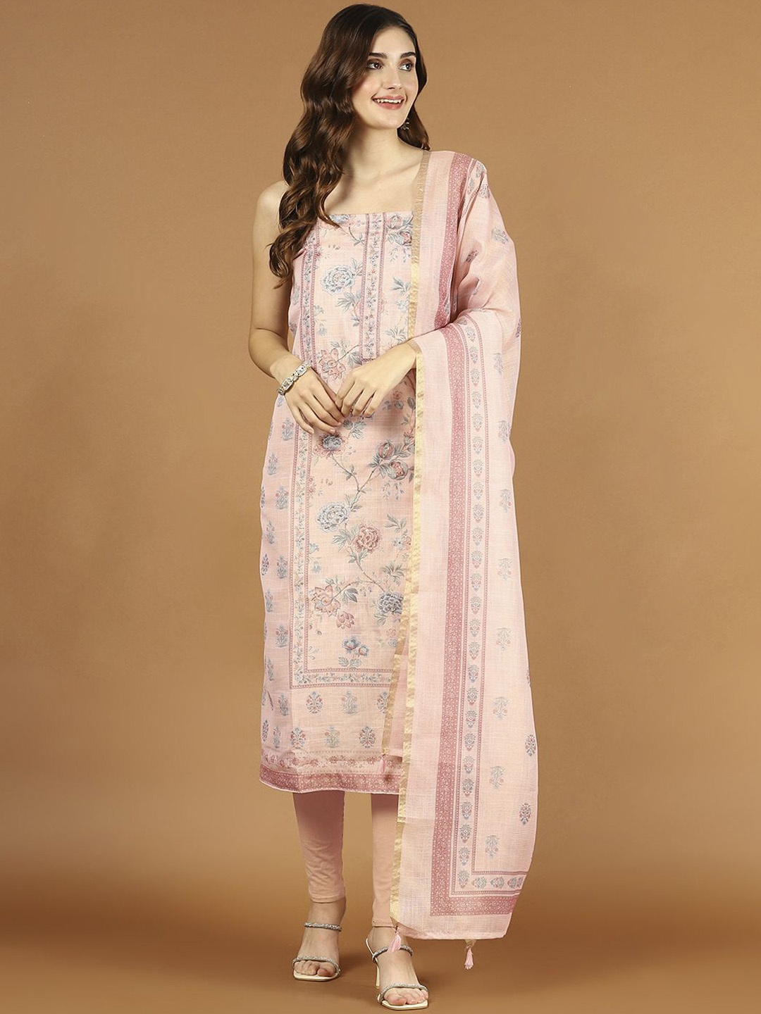 

Meena Bazaar Floral Printed Art Silk Unstitched Dress Material, Pink