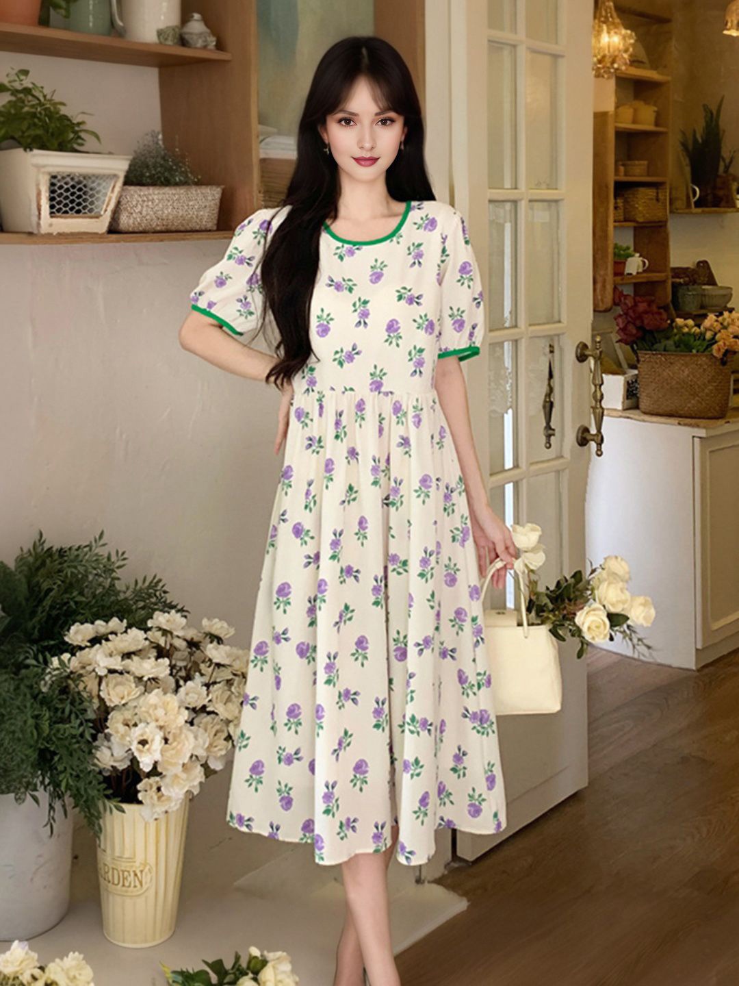 

StyleCast Women Floral Printed Puff Sleeves Fit & Flare Dress, Beige
