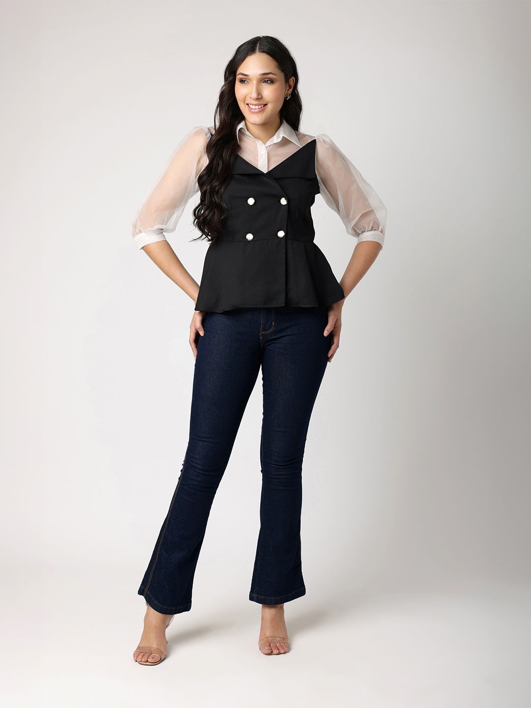 

BLANC9 Women Shirt Collar Peplum Top, Black