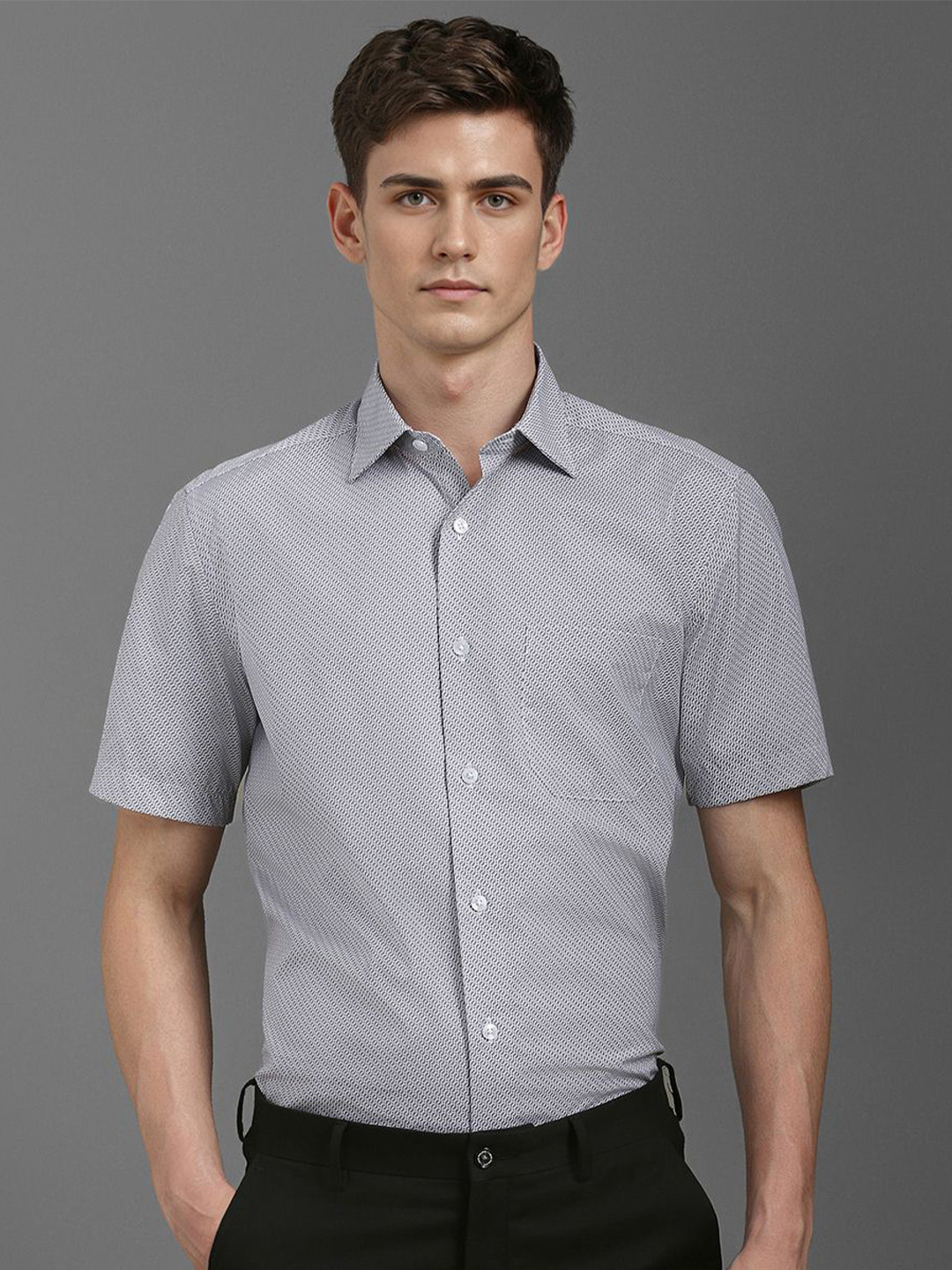 

Louis Philippe Men Classic Spread Collar Geometric Printed Cotton Formal Shirt, Grey
