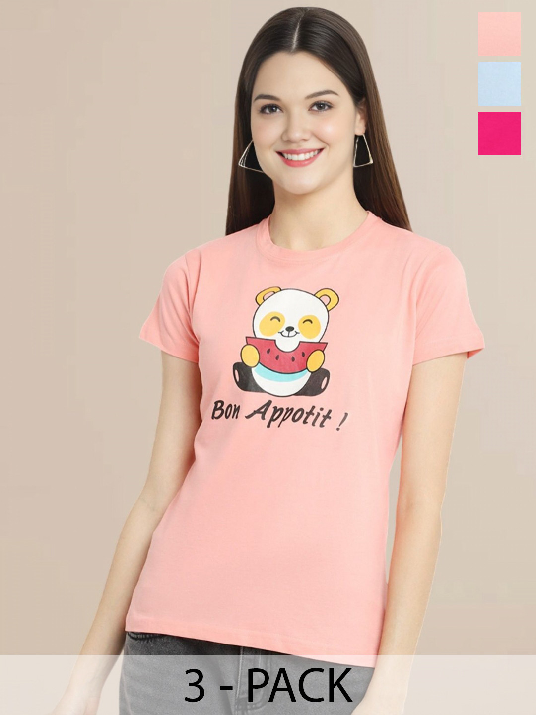 

Metronaut Women Pack Of 3 Typography Printed Round Neck Cotton T-shirts, Pink