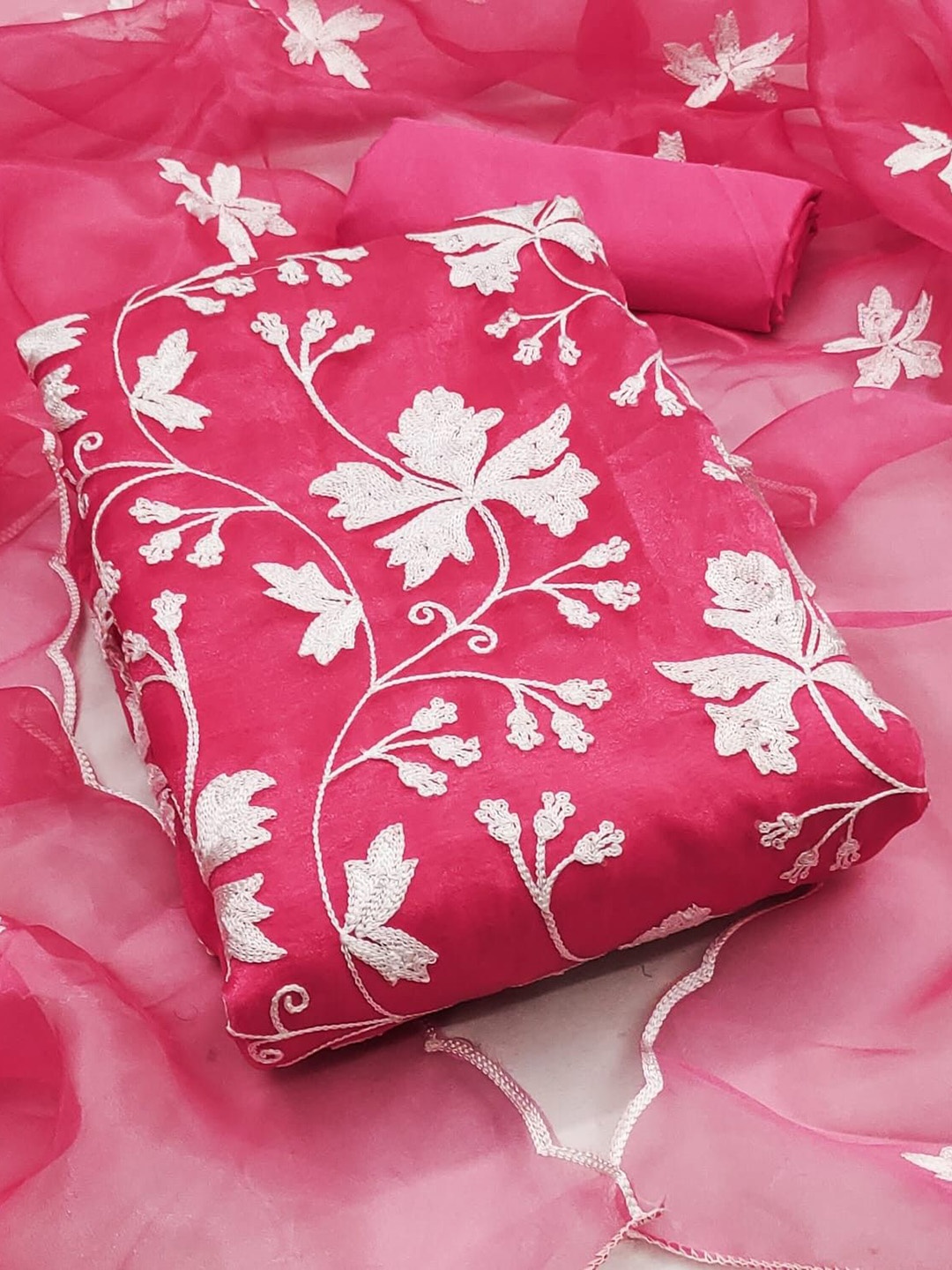 

mimi design Organza Unstitched Dress Material, Pink