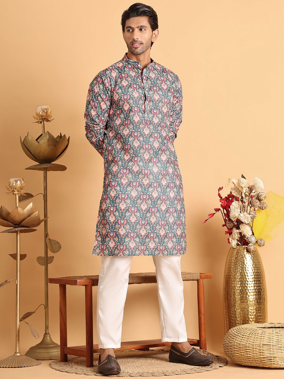 

Anouk Men Floral Printed Regular Kurta with Pyjamas, Blue