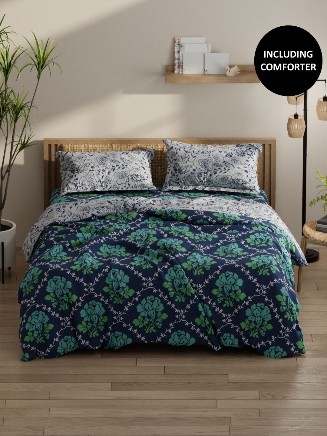 

KOPA Green & Blue 4 Pcs Floral Printed Cotton Queen Comforter & Bedsheet 2 Pillow Covers