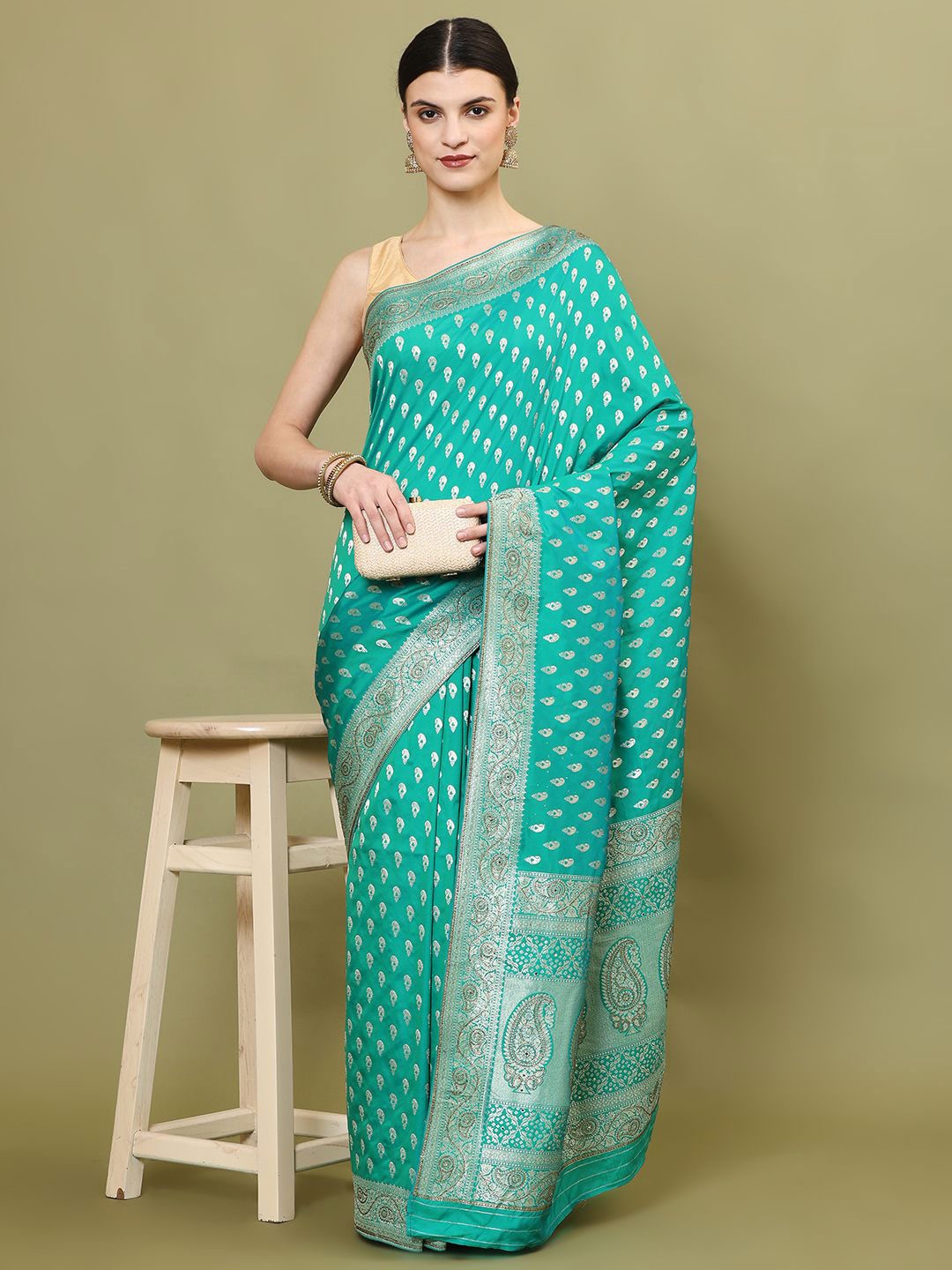 

Meena Bazaar Paisley Woven Art Silk Banarasi Saree, Sea green