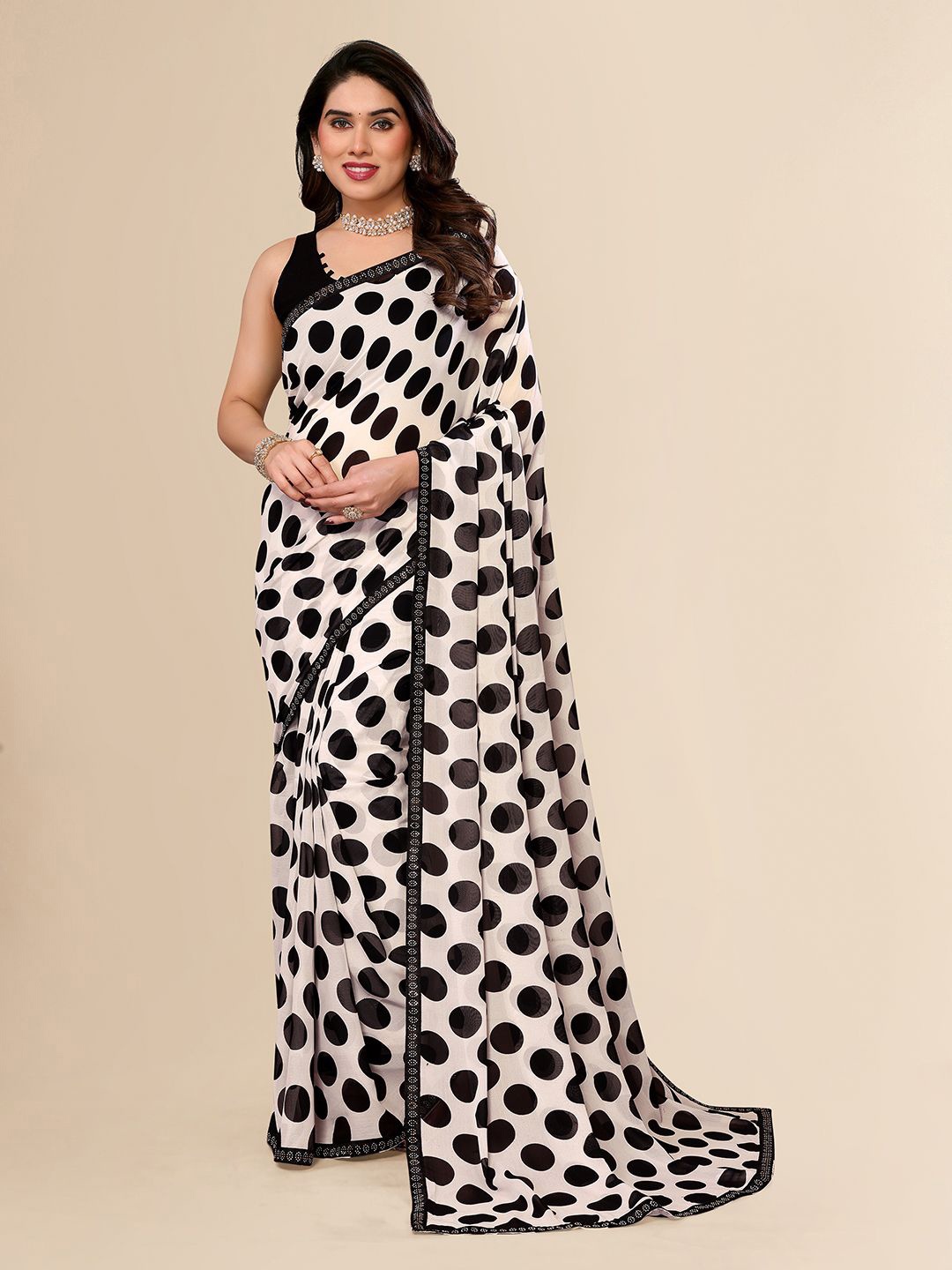 

ANAND SAREES Polka Dot Pure Georgette Saree, White