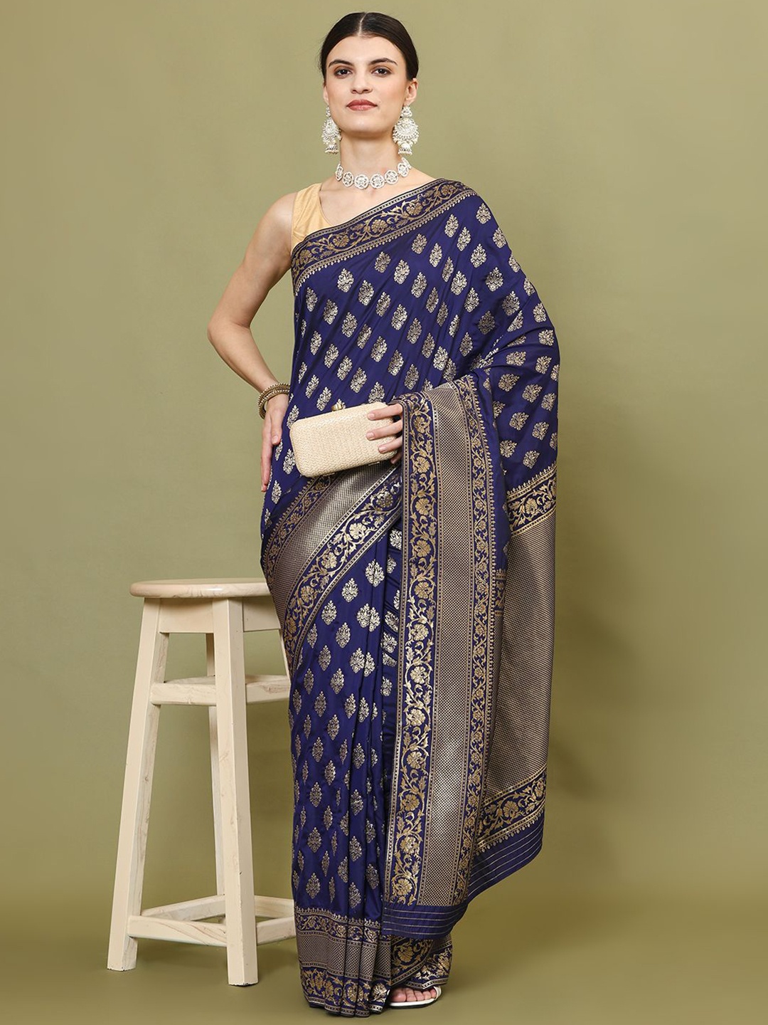 

Meena Bazaar Ethnic Motifs Woven Art Silk Banarasi Saree, Navy blue