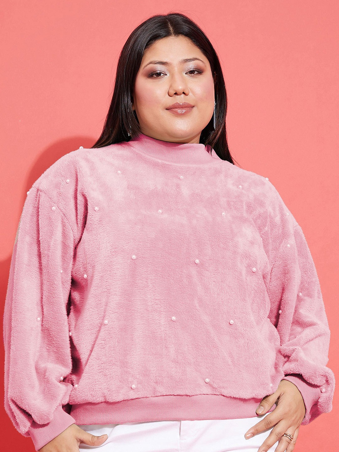 

SASSAFRAS Curve Women Plus Size Embellished Sweatshirt, Pink