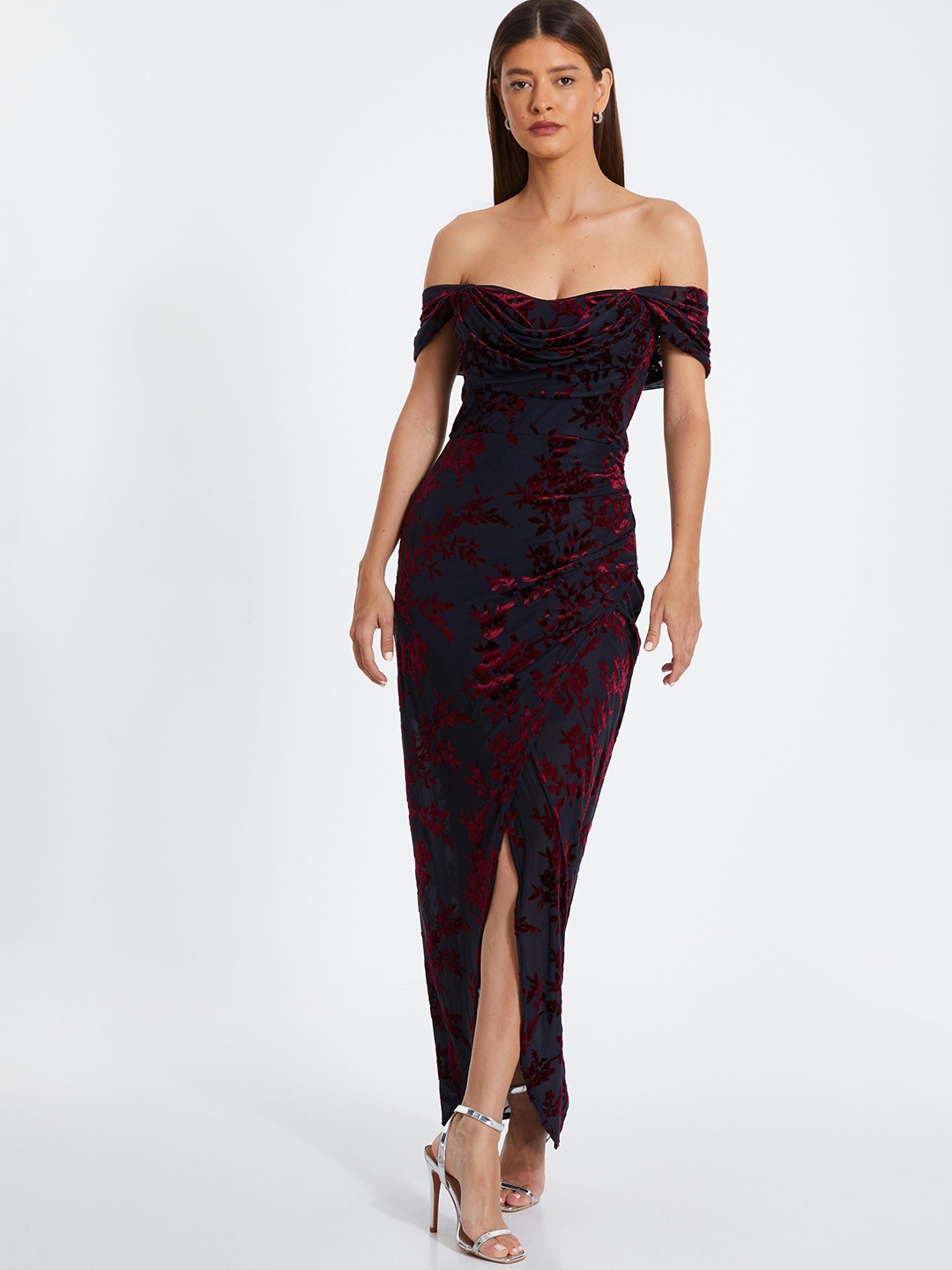 

QUIZ Floral Off-Shoulder Velvet Bodycon Maxi Dress, Red