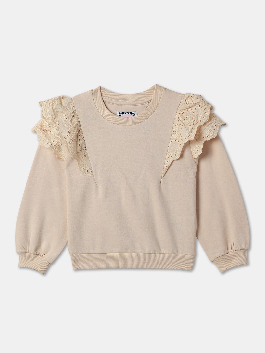 

R&B Girls Printed Lace Inserts Cotton Sweatshirt, Beige