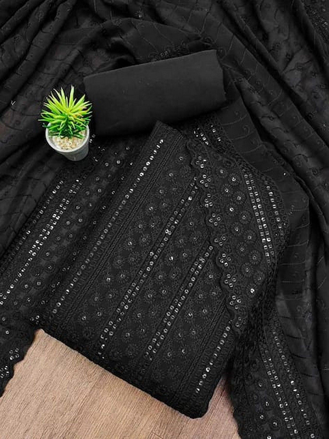 

ZEEPKART Silk Georgette Unstitched Dress Material, Black