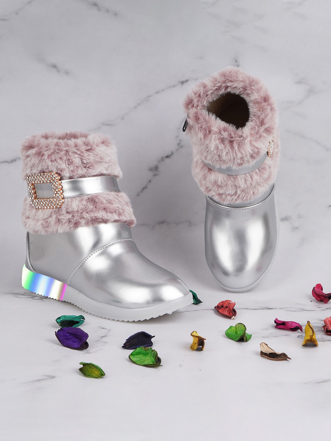 

BAESD Infant Girls Embellished Faux Fur LED Light Winter Boots, Silver