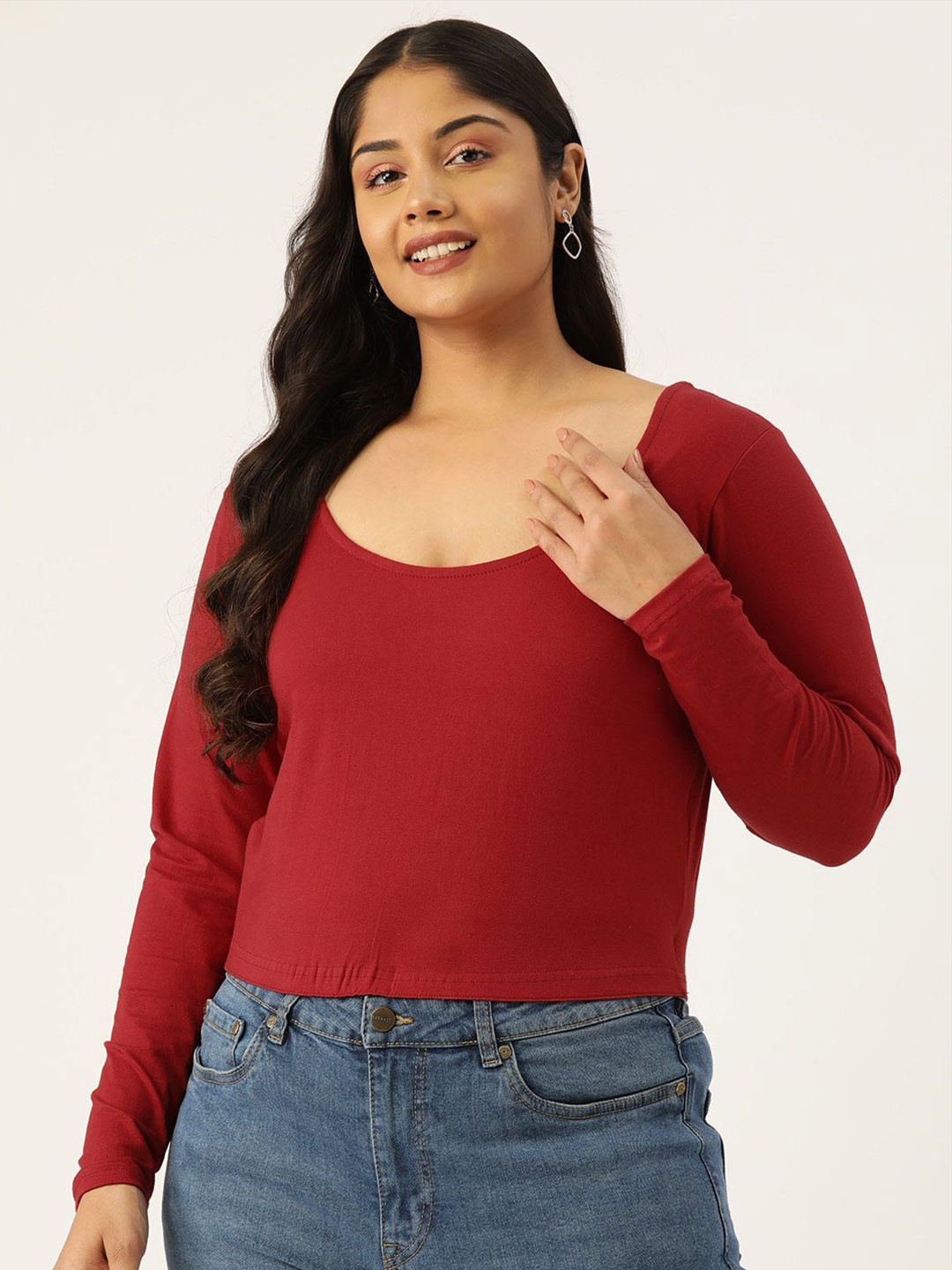 

theRebelinme Women Plus Size Long Sleeves Crop Top, Maroon