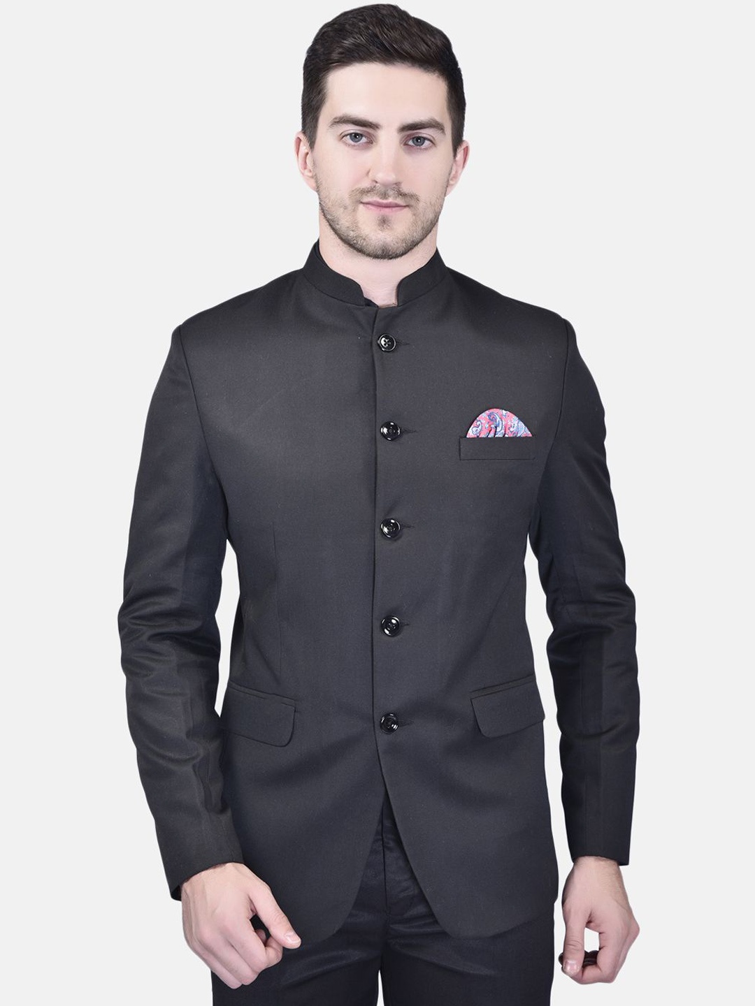 

PRINTINDIA Mandarin Collar Bandhgala Blazer, Black