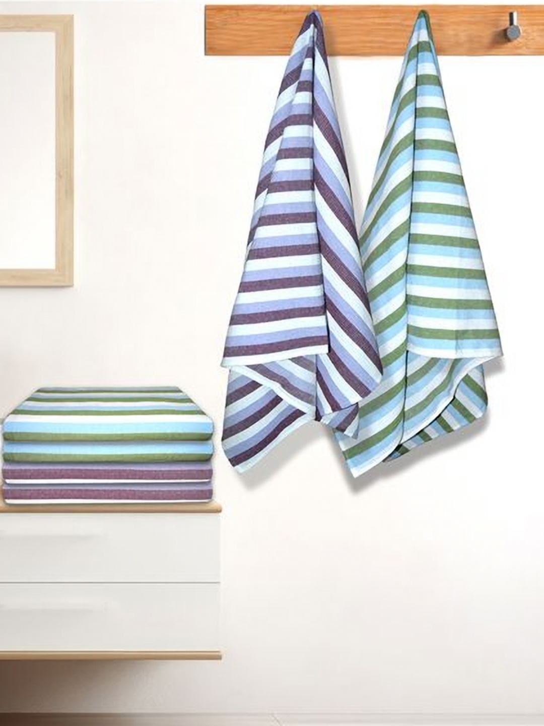 

Athom Living Iris Green & Blue 6 Pieces Striped Printed Cotton 210 GSM Bath Towels