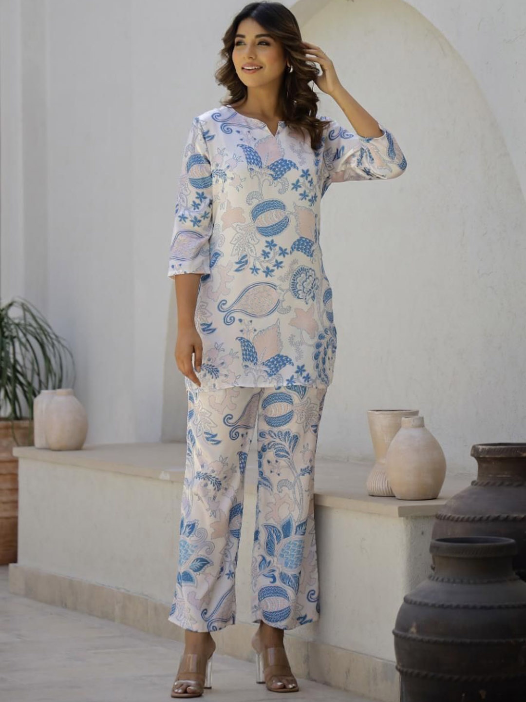 

FLAVIA CREATION Printed Three-Quarter Sleeves Top With Trouser, Off white