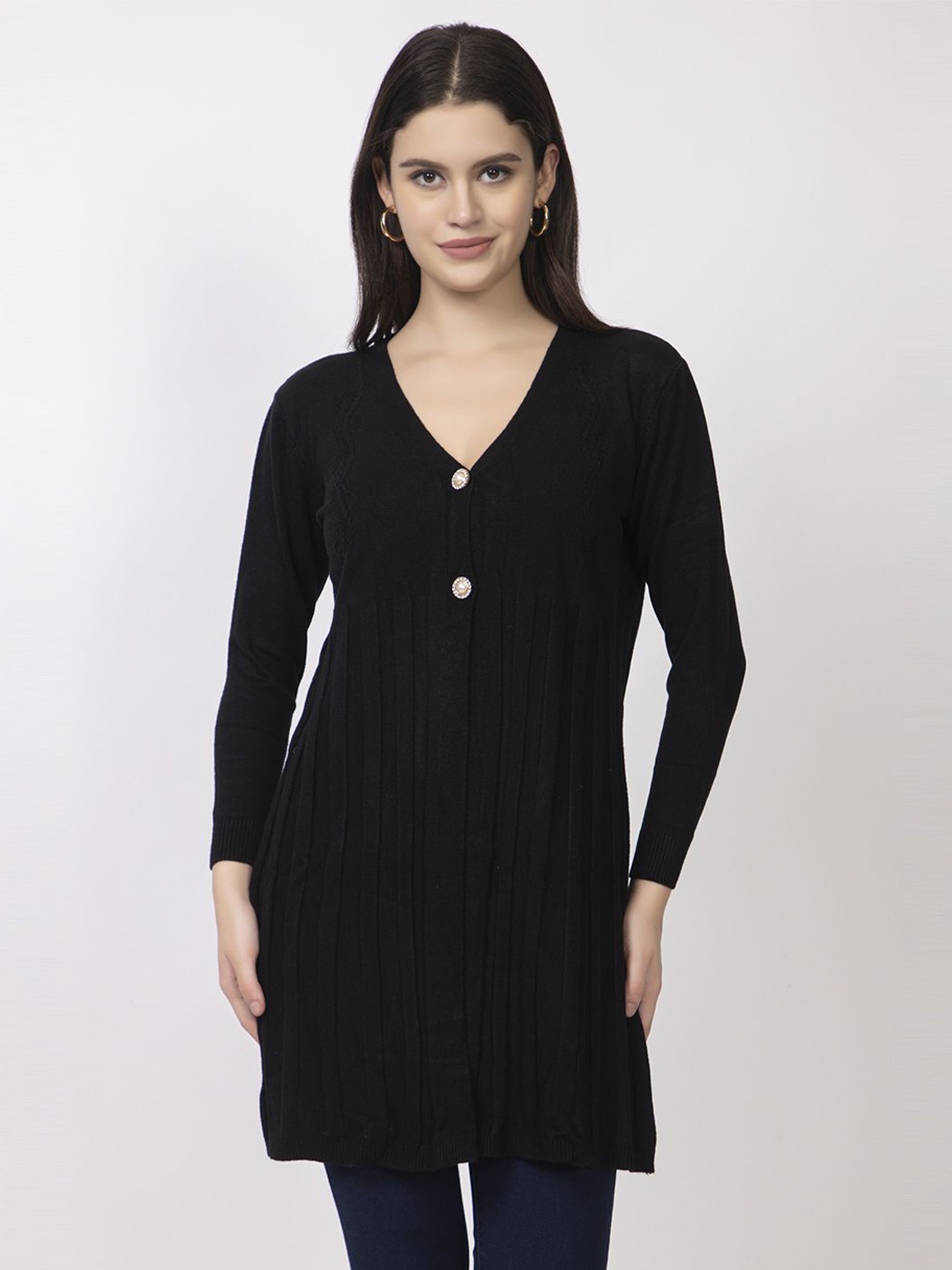 

Lory Cable Knit Woollen Longline Cardigan, Black