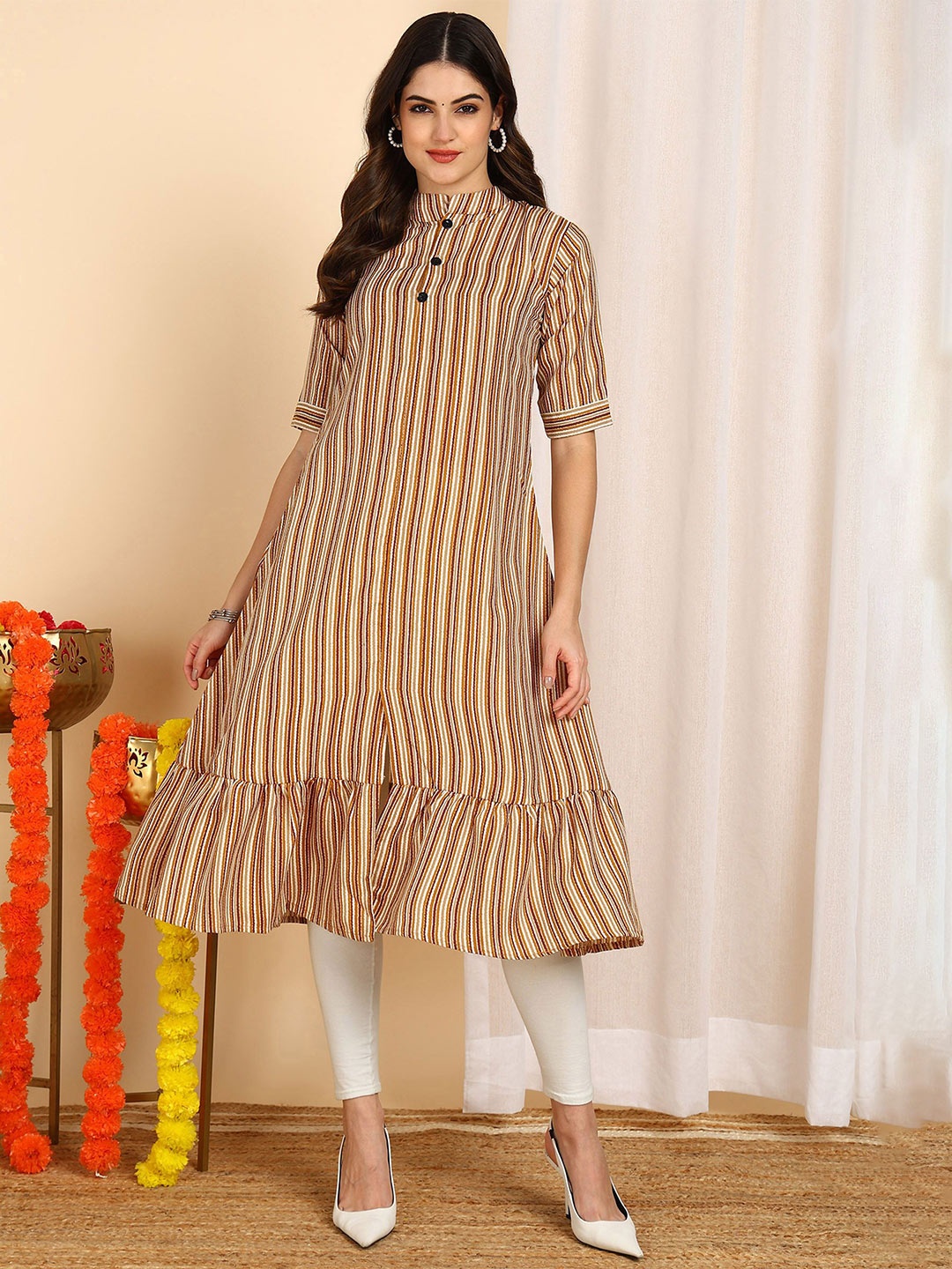 

Dsk Studio Striped Mandarin Collar Ethnic A-Line Kurta, Mustard