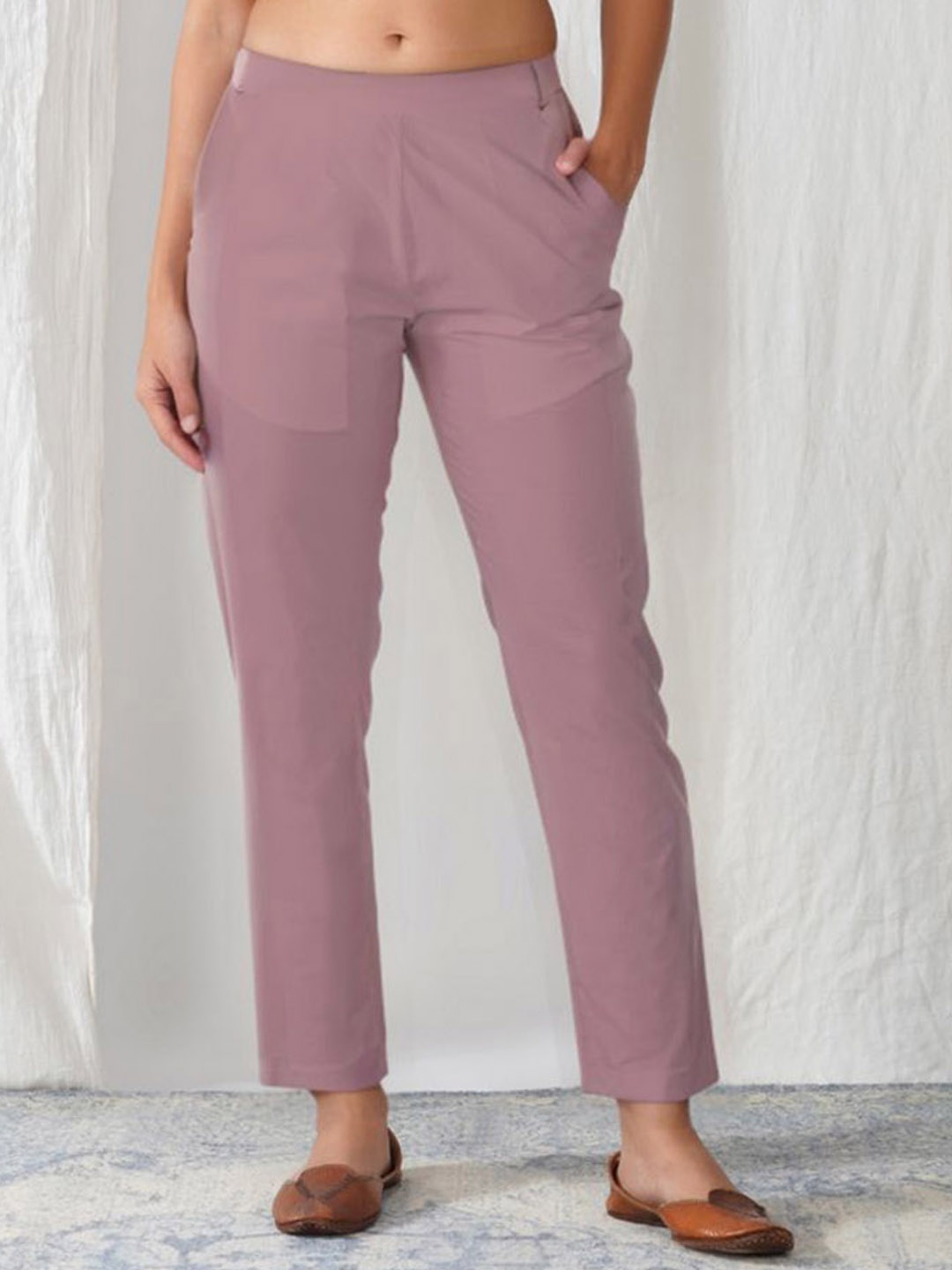 

zuri Women Cotton Relaxed Straight Leg Regular Fit Trousers, Peach