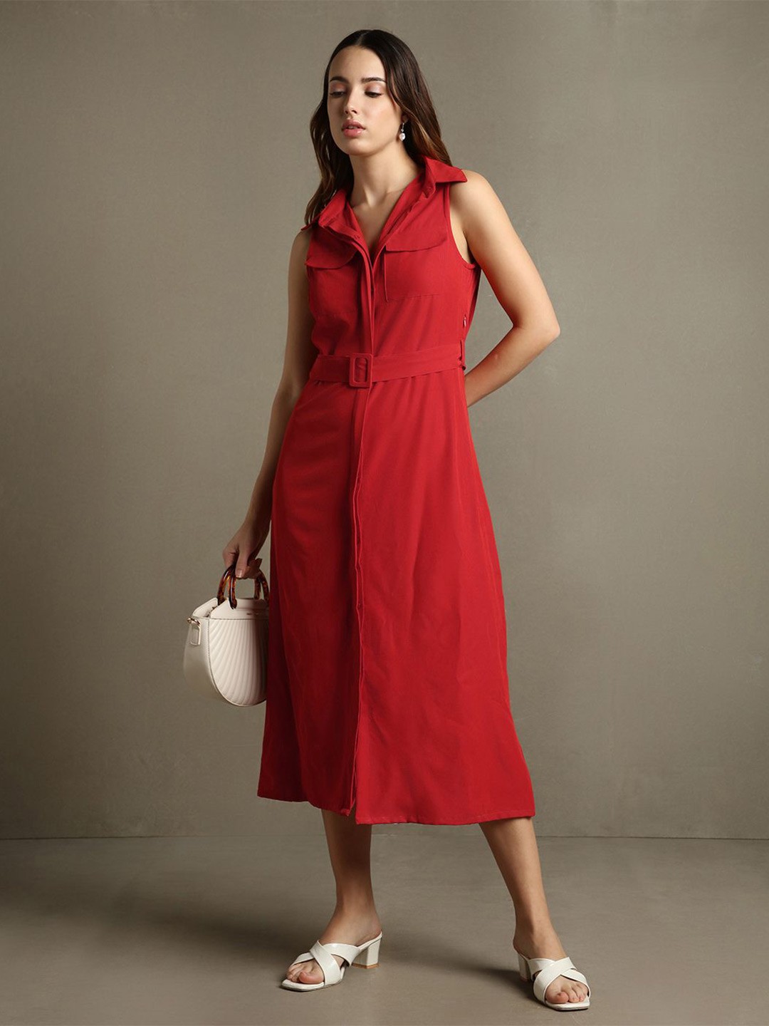 

DL Woman Shirt Collar Sleeveless Shirt Midi Dress, Rust