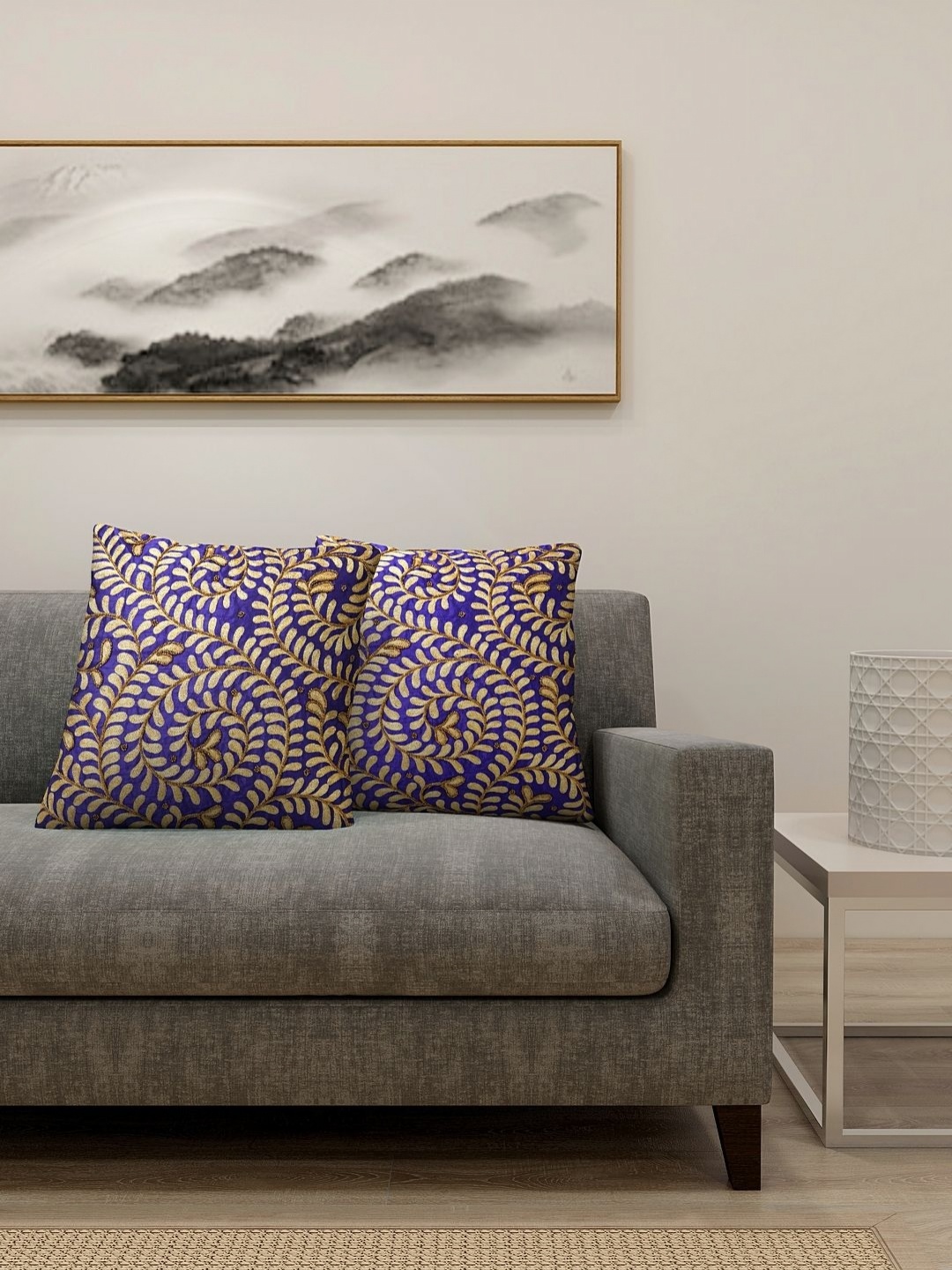 

Aura Blue & Gold-Toned 2 Pieces Embroidered Square Cushion Covers